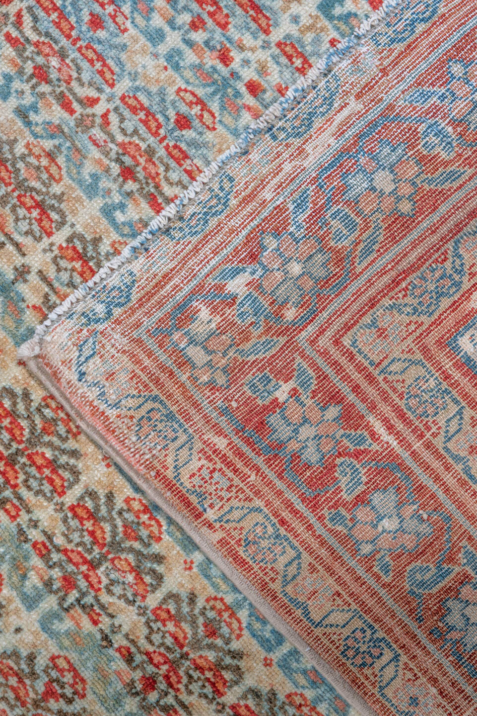 5' x 15' one-of-a-kind handmade vintage Malayer rug. Color palette: ivory, rust, sky_blue, coral, slate, rose, terracotta