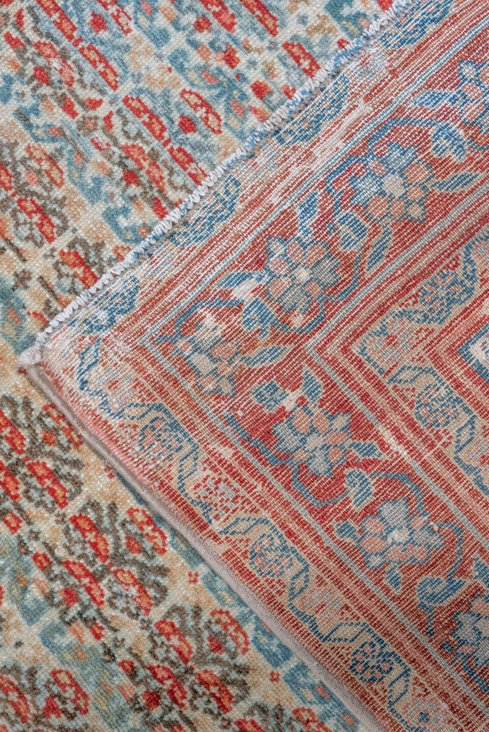 5' x 15' one-of-a-kind handmade vintage Malayer rug. Color palette: ivory, rust, sky_blue, coral, slate, rose, terracotta