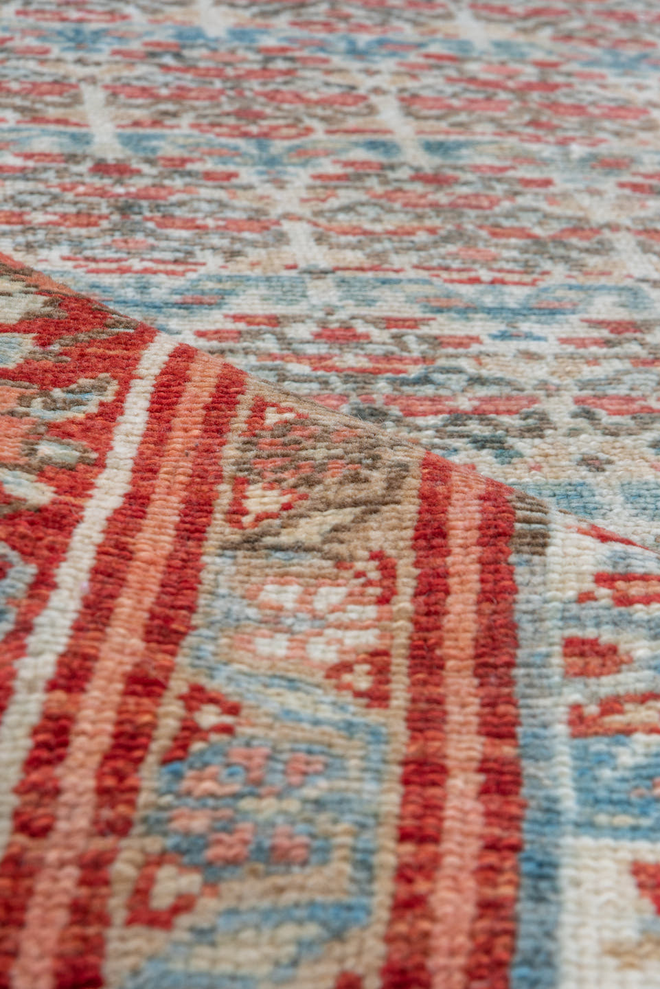 5' x 15' one-of-a-kind handmade vintage Malayer rug. Color palette: ivory, rust, sky_blue, coral, slate, rose, terracotta
