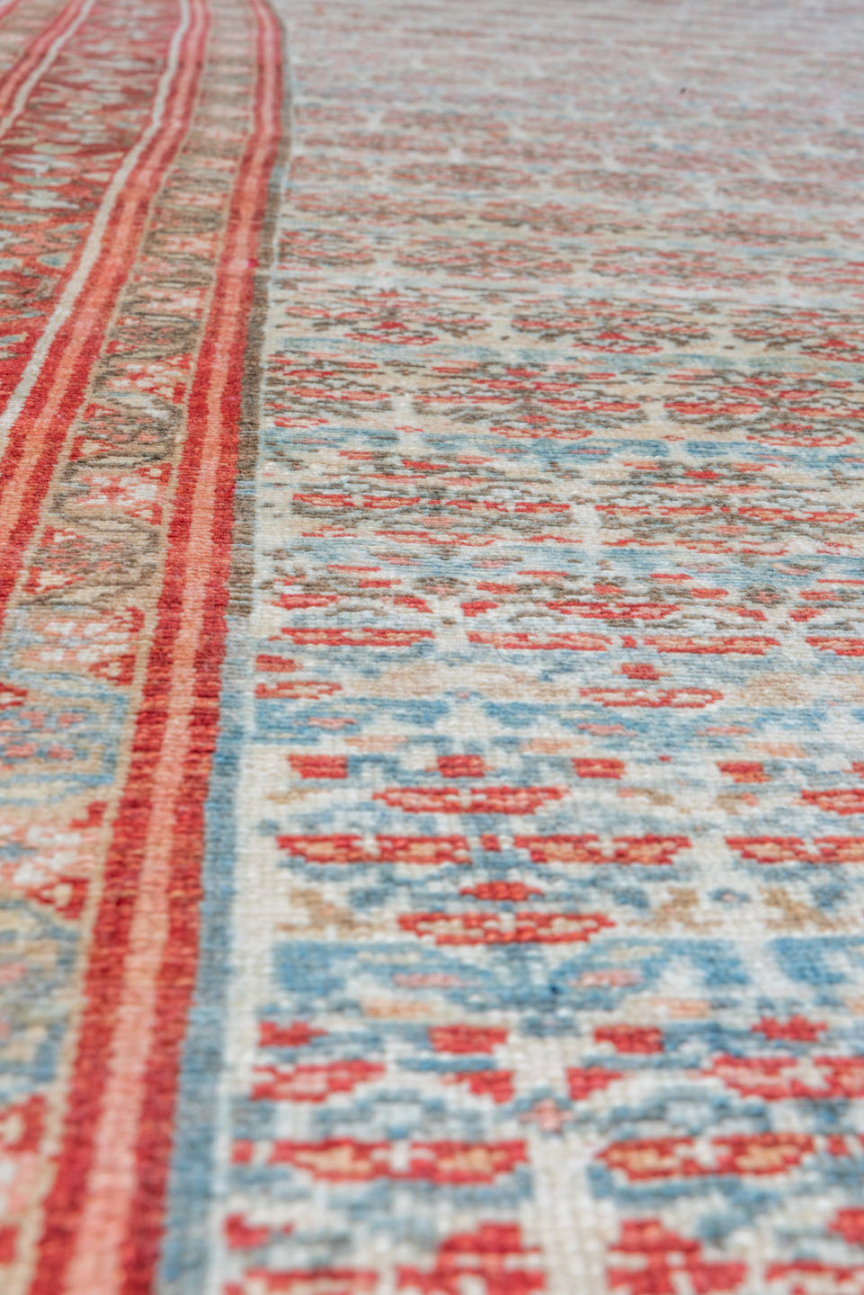 5' x 15' one-of-a-kind handmade vintage Malayer rug. Color palette: ivory, rust, sky_blue, coral, slate, rose, terracotta