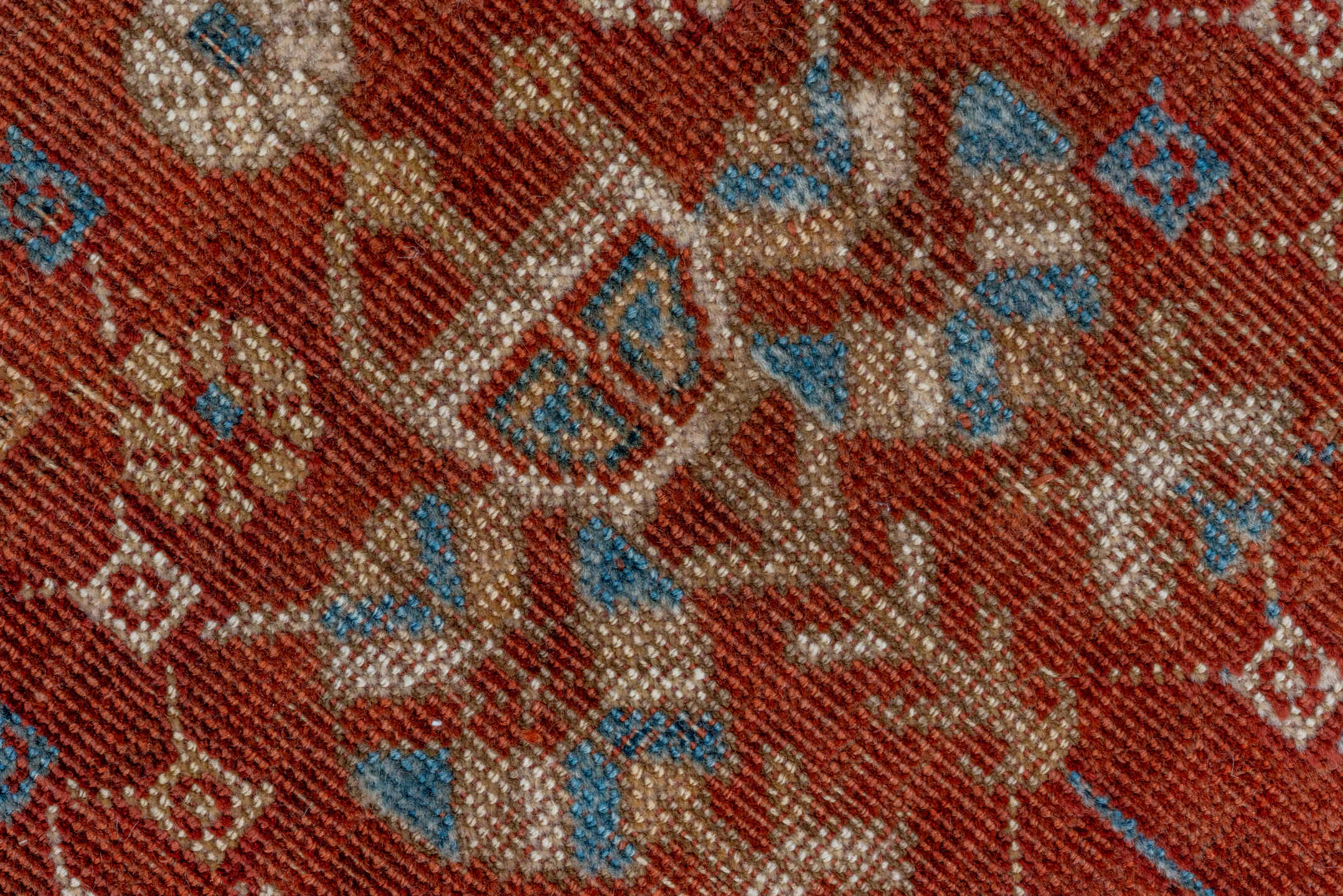 5' x 9' one-of-a-kind handmade vintage Qashqai medium size rug. Color palette: rust, sky blue, ivory, camel, taupe