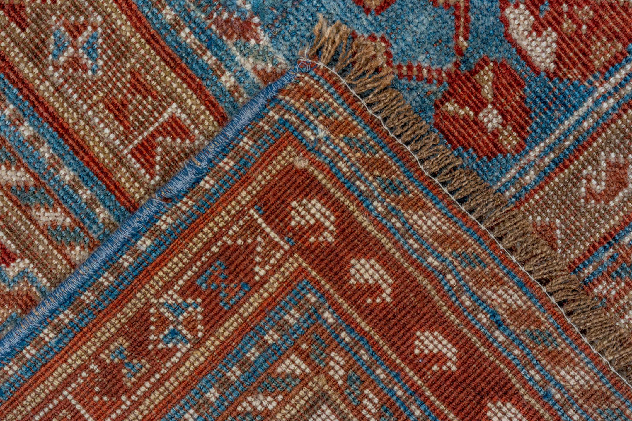 5' x 9' one-of-a-kind handmade vintage Qashqai medium size rug. Color palette: rust, sky blue, ivory, camel, taupe