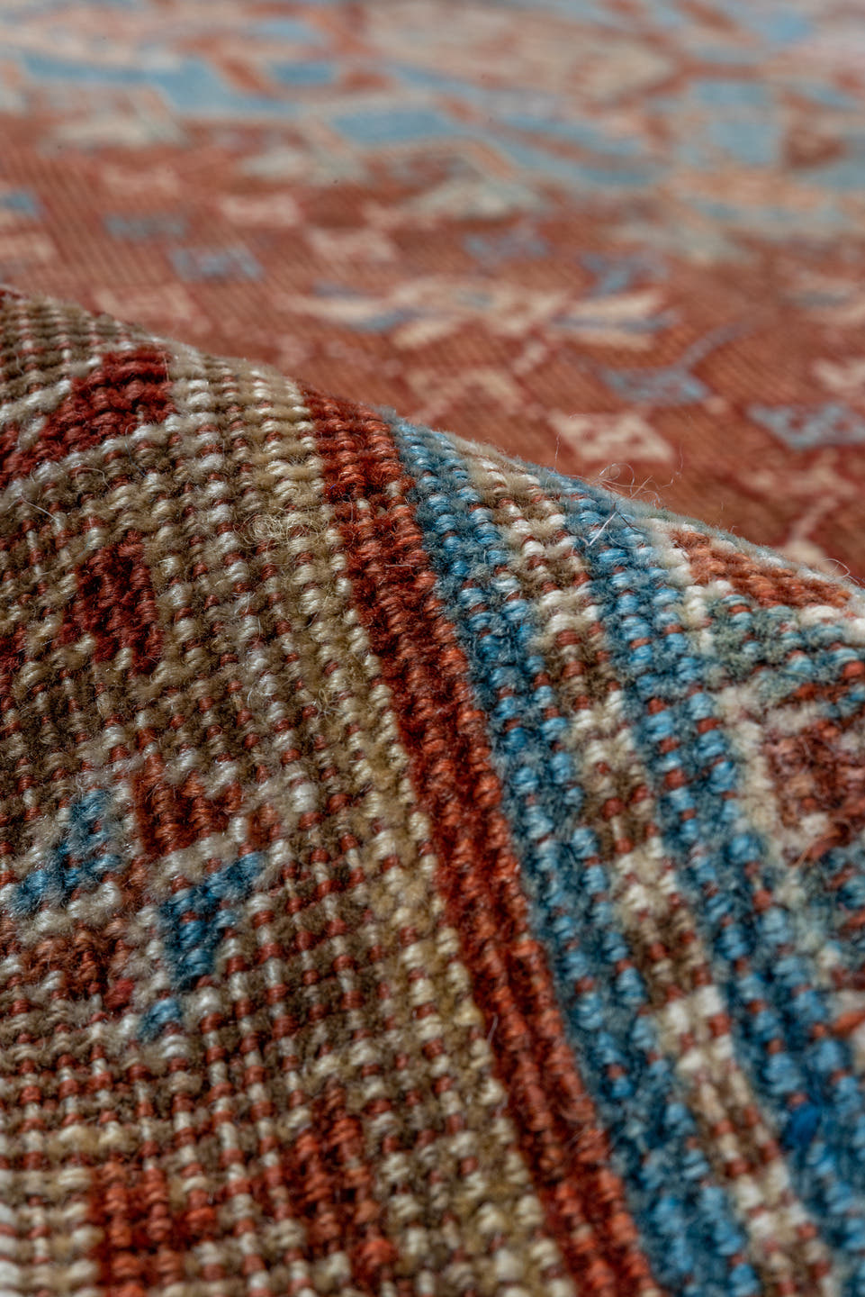 5' x 9' one-of-a-kind handmade vintage Qashqai medium size rug. Color palette: rust, sky blue, ivory, camel, taupe