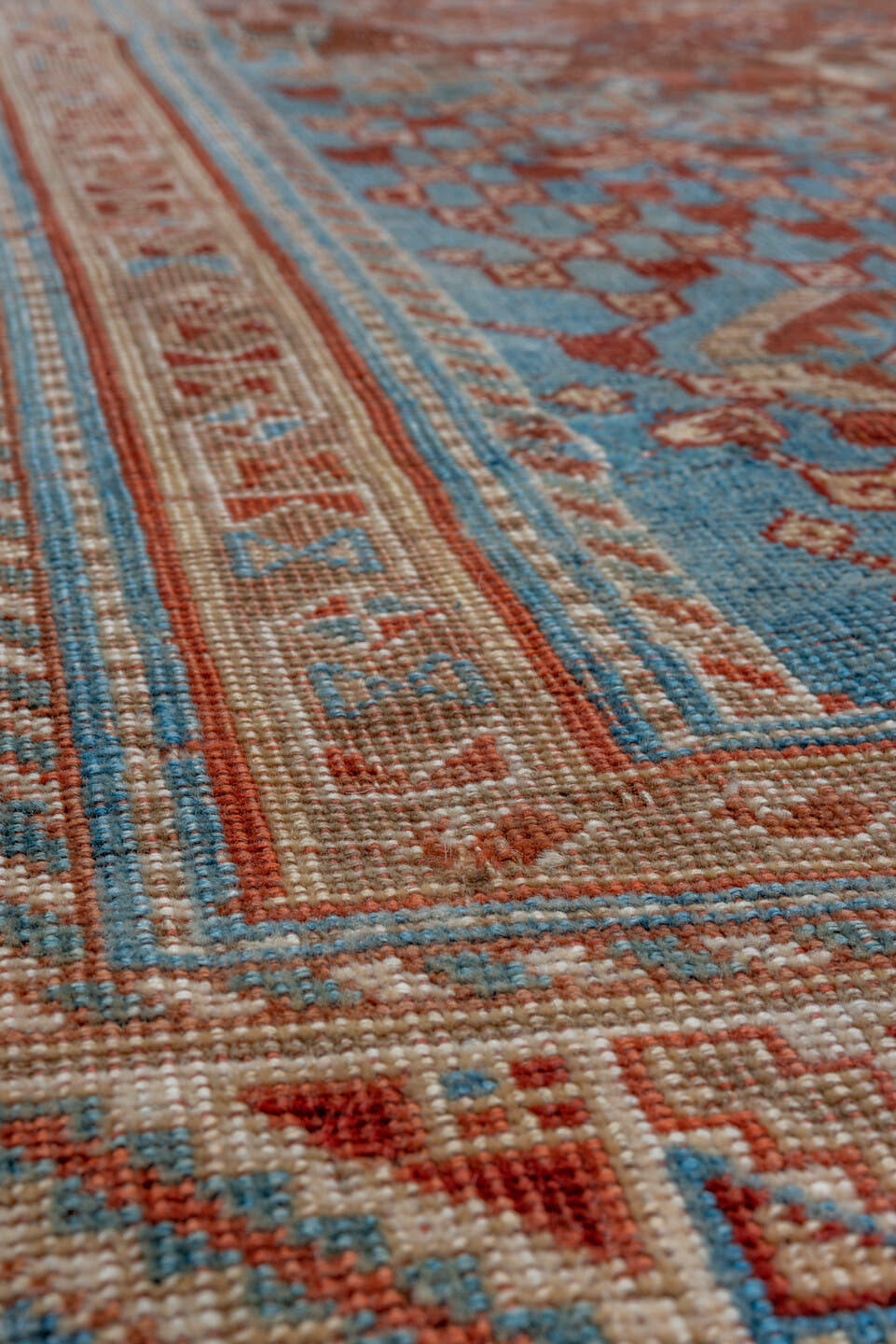 5' x 9' one-of-a-kind handmade vintage Qashqai medium size rug. Color palette: rust, sky blue, ivory, camel, taupe