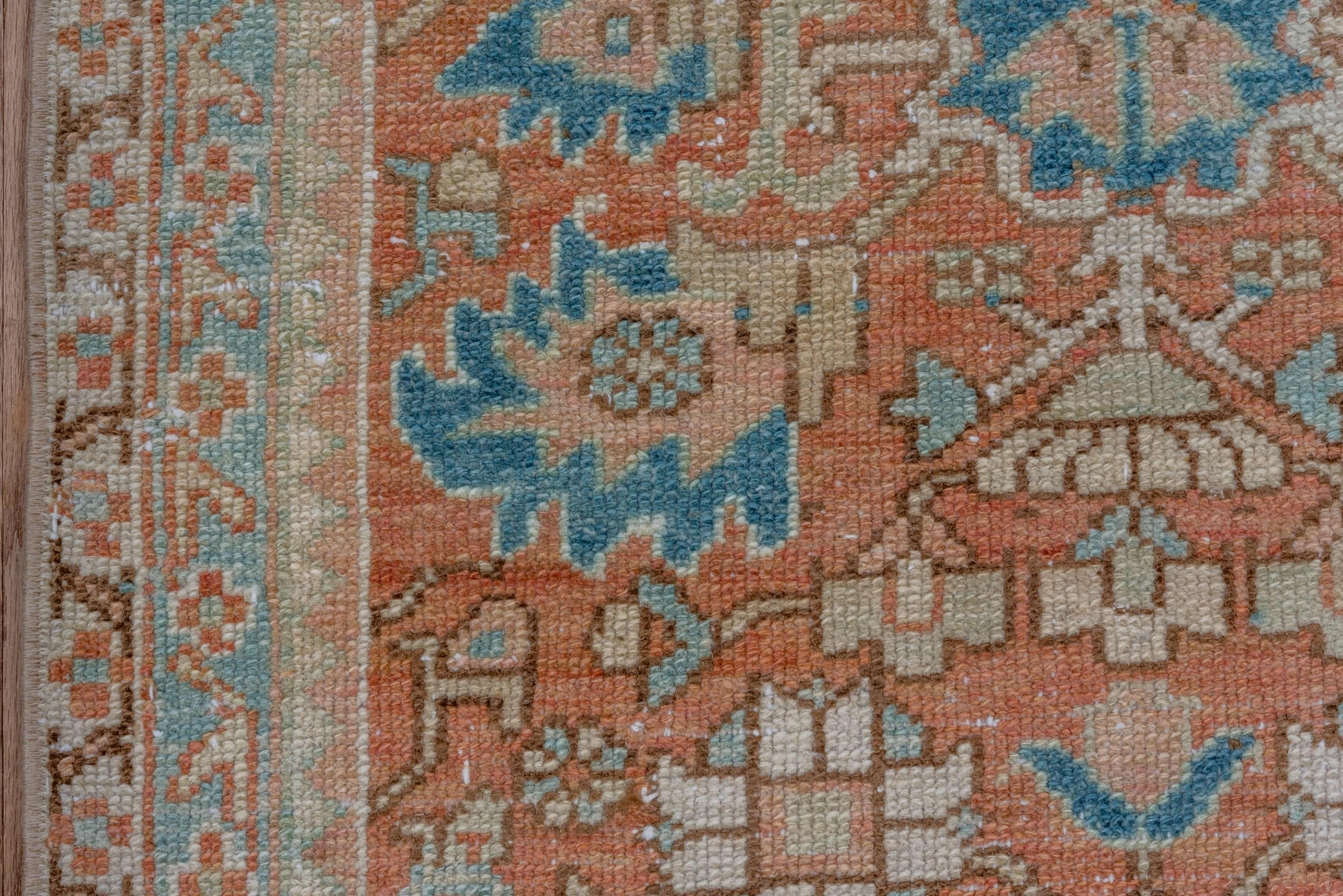 2' x 10' one-of-a-kind handmade vintage Heriz runner rug. Color palette: blue, brown, gray, light gray, off-white, orange