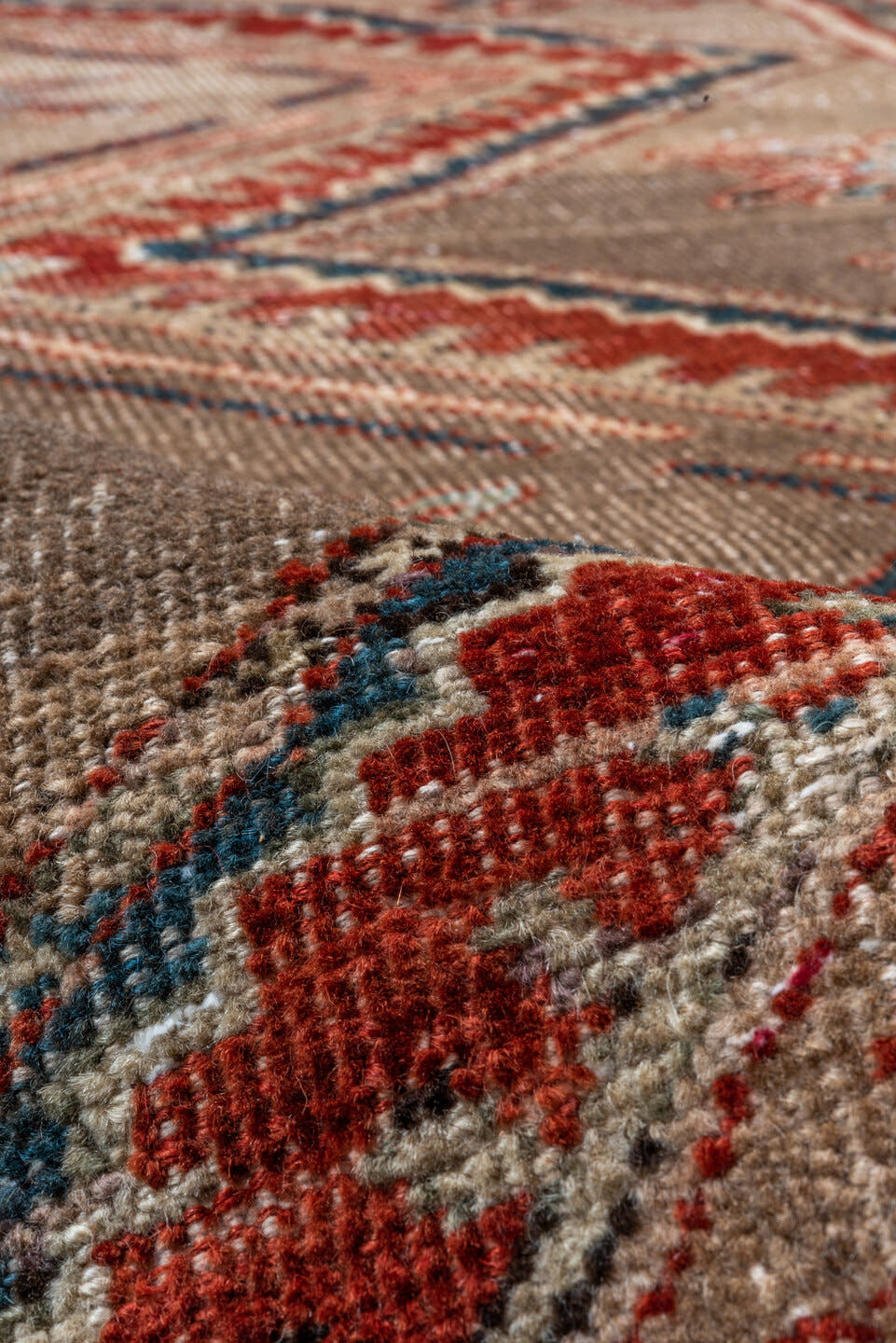 2' x 9' one-of-a-kind handmade vintage Bidjar runner rug. Color palette: brown, camel, taupe, rust, ivory, navy, beige, gray