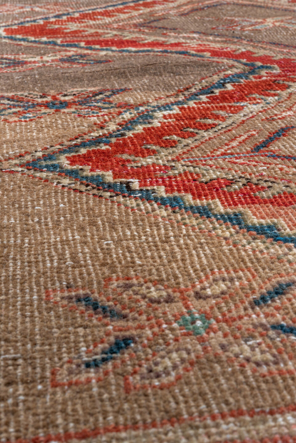 2' x 9' one-of-a-kind handmade vintage Bidjar runner rug. Color palette: brown, camel, taupe, rust, ivory, navy, beige, gray