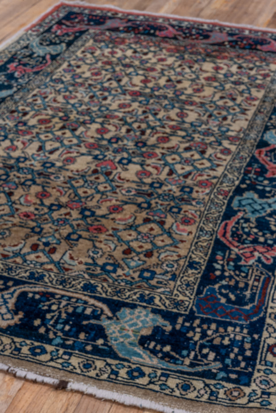 4' x 6' one-of-a-kind handmade vintage Malayer small size rug. Color palette: ivory, navy, sky blue, rose, coral, slate