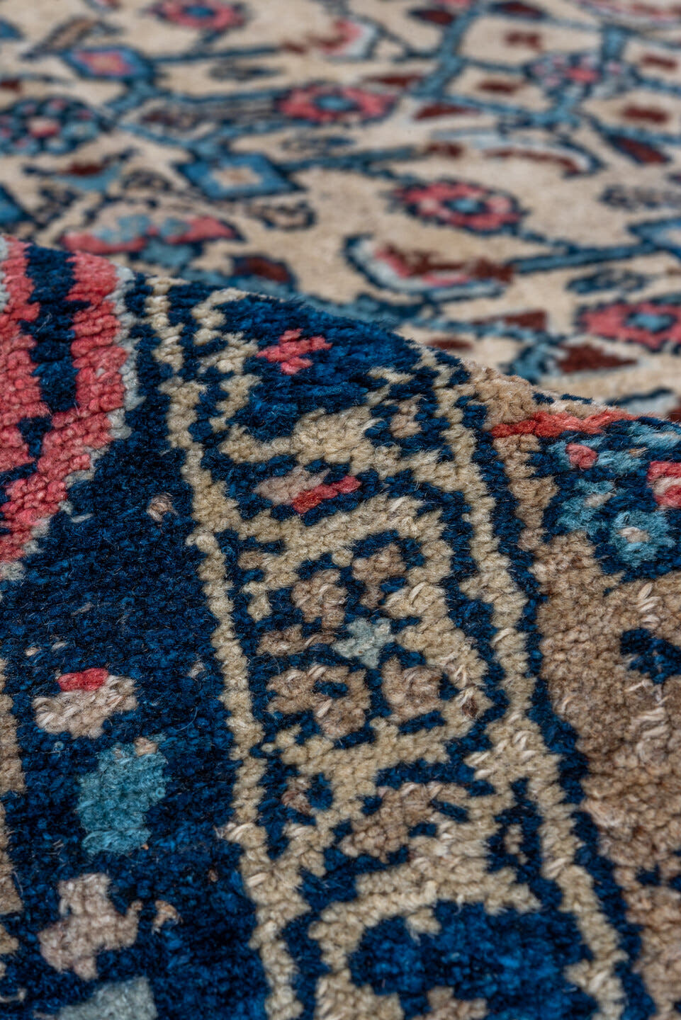 4' x 6' one-of-a-kind handmade vintage Malayer small size rug. Color palette: ivory, navy, sky blue, rose, coral, slate