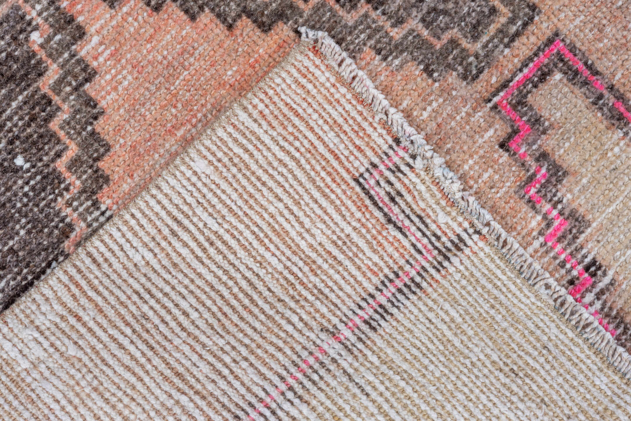 2' x 3' one-of-a-kind handmade vintage Oushak small size rug. Color palette: peach, charcoal, ivory, hot pink, taupe, coral