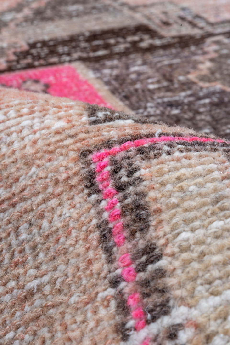 2' x 3' one-of-a-kind handmade vintage Oushak small size rug. Color palette: peach, charcoal, ivory, hot pink, taupe, coral