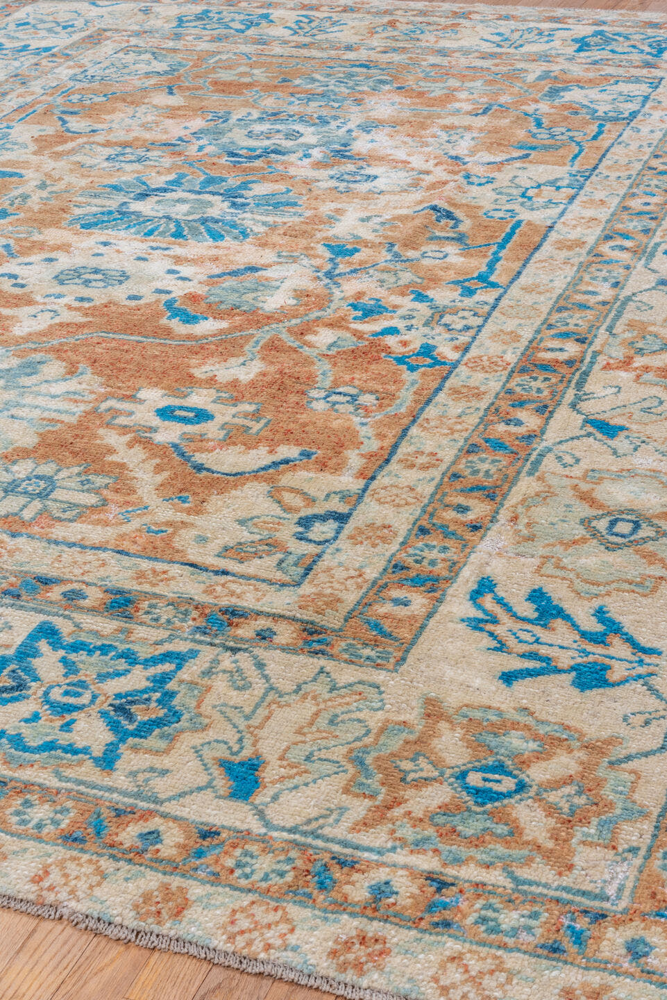 8' x 11' one-of-a-kind handmade vintage Oushak large size rug. Color palette: ivory, sky blue, terracotta, beige, camel