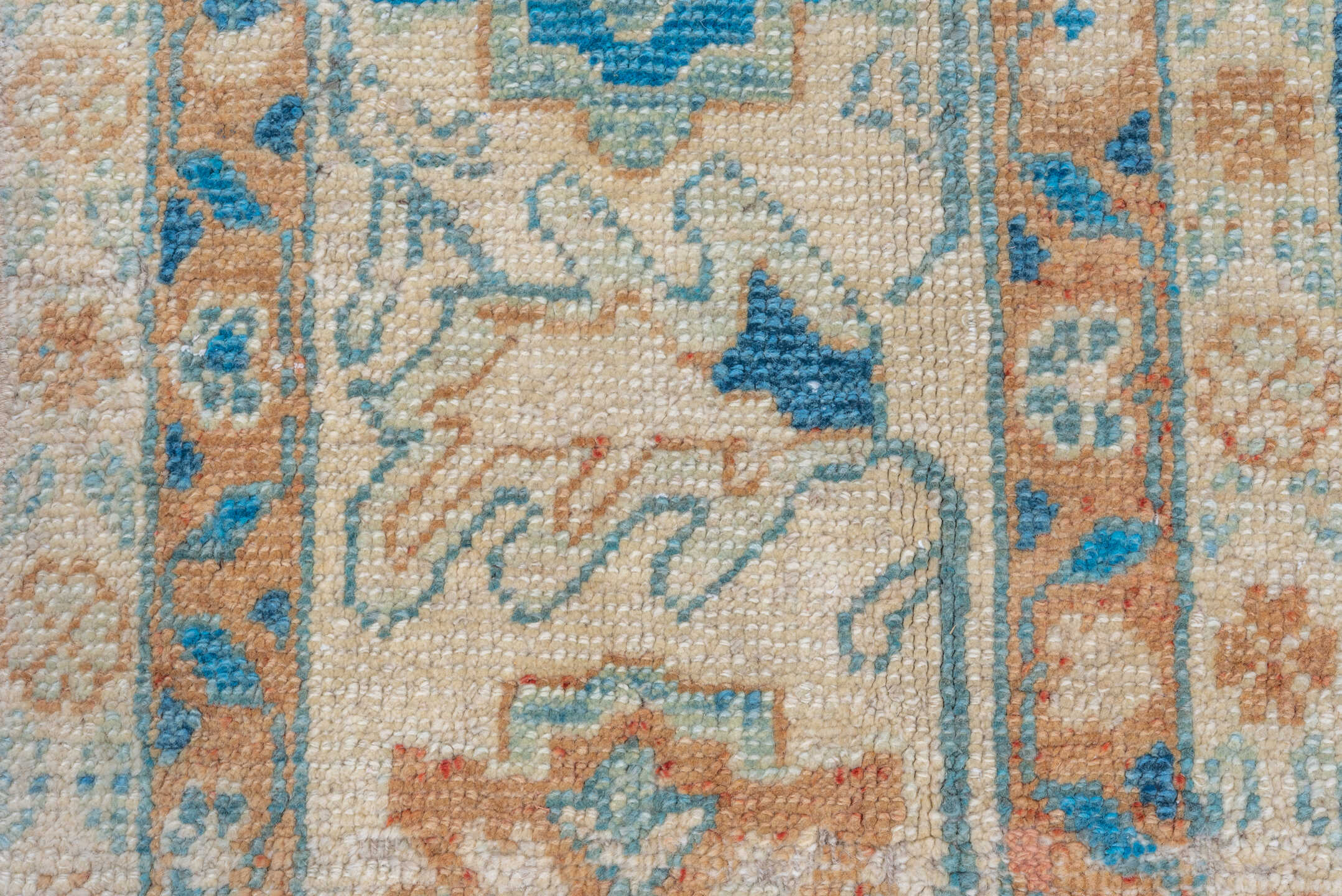 8' x 11' one-of-a-kind handmade vintage Oushak large size rug. Color palette: ivory, sky blue, terracotta, beige, camel