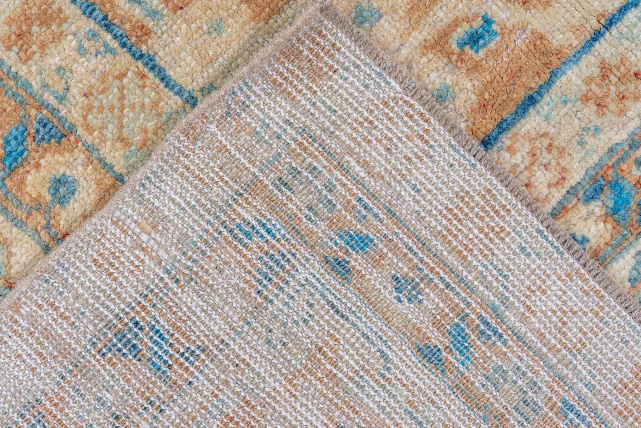 8' x 11' one-of-a-kind handmade vintage Oushak large size rug. Color palette: ivory, sky blue, terracotta, beige, camel