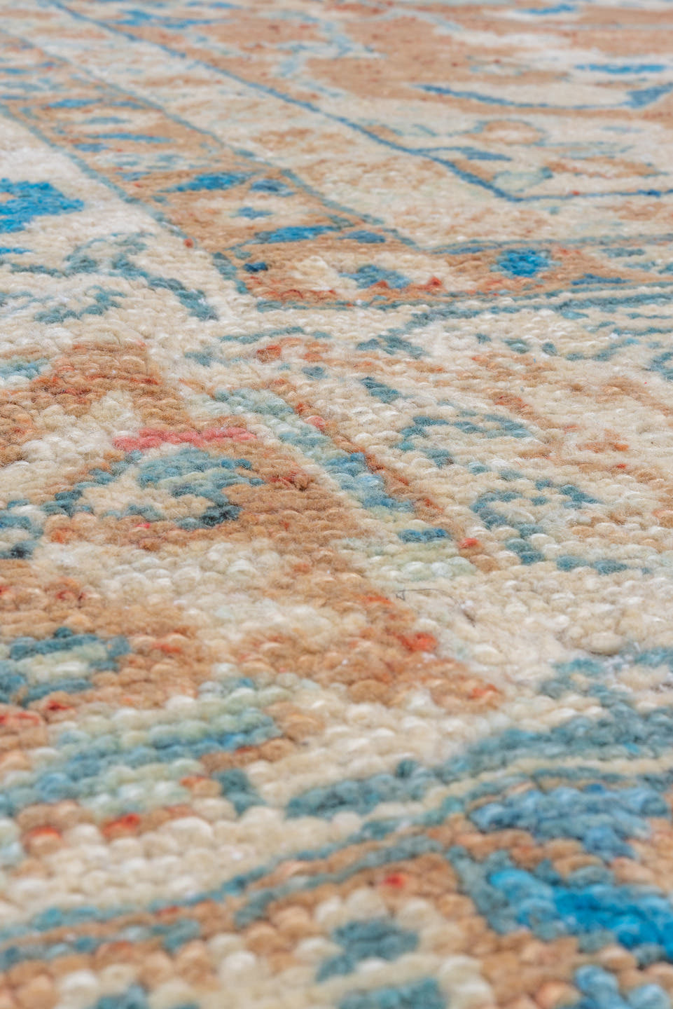 8' x 11' one-of-a-kind handmade vintage Oushak large size rug. Color palette: ivory, sky blue, terracotta, beige, camel