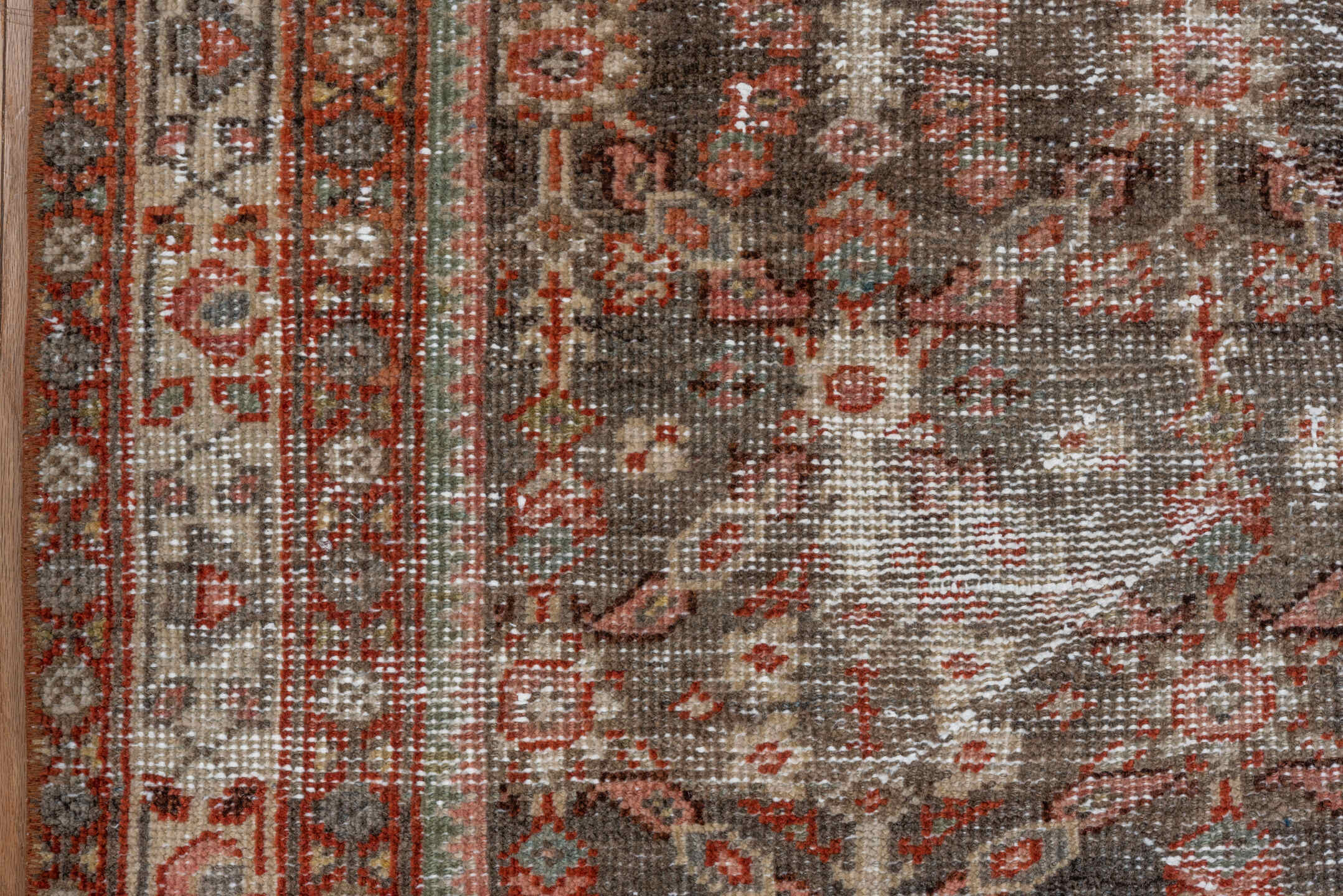 3' x 16' one-of-a-kind handmade antique Mahal runner rug. Color palette: brown, rust, ivory, charcoal, terra cotta, taupe