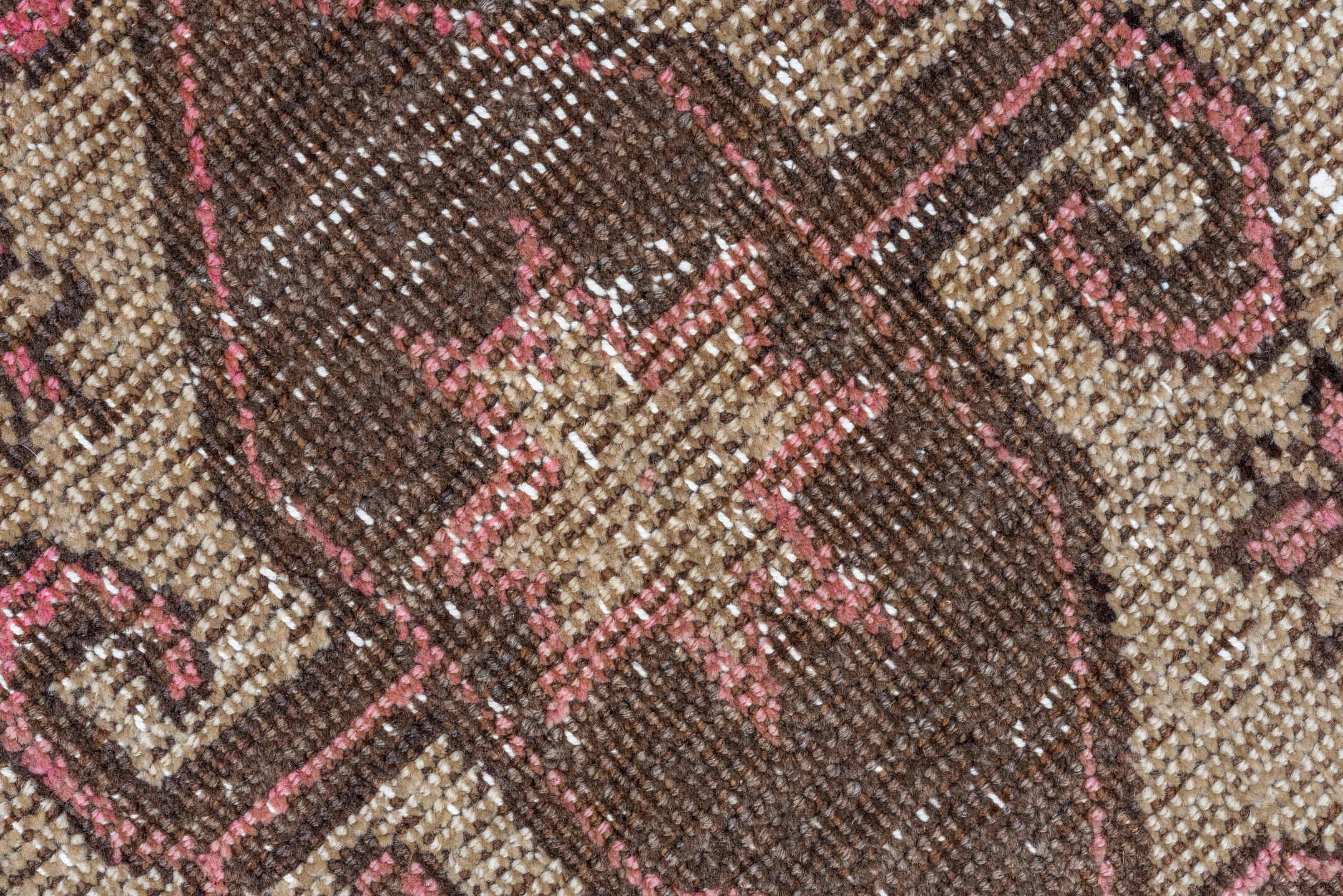 2' x 7' one-of-a-kind handmade vintage Kars runner rug. Color palette: brown, ivory, rose, taupe, dusty pink, pink, red