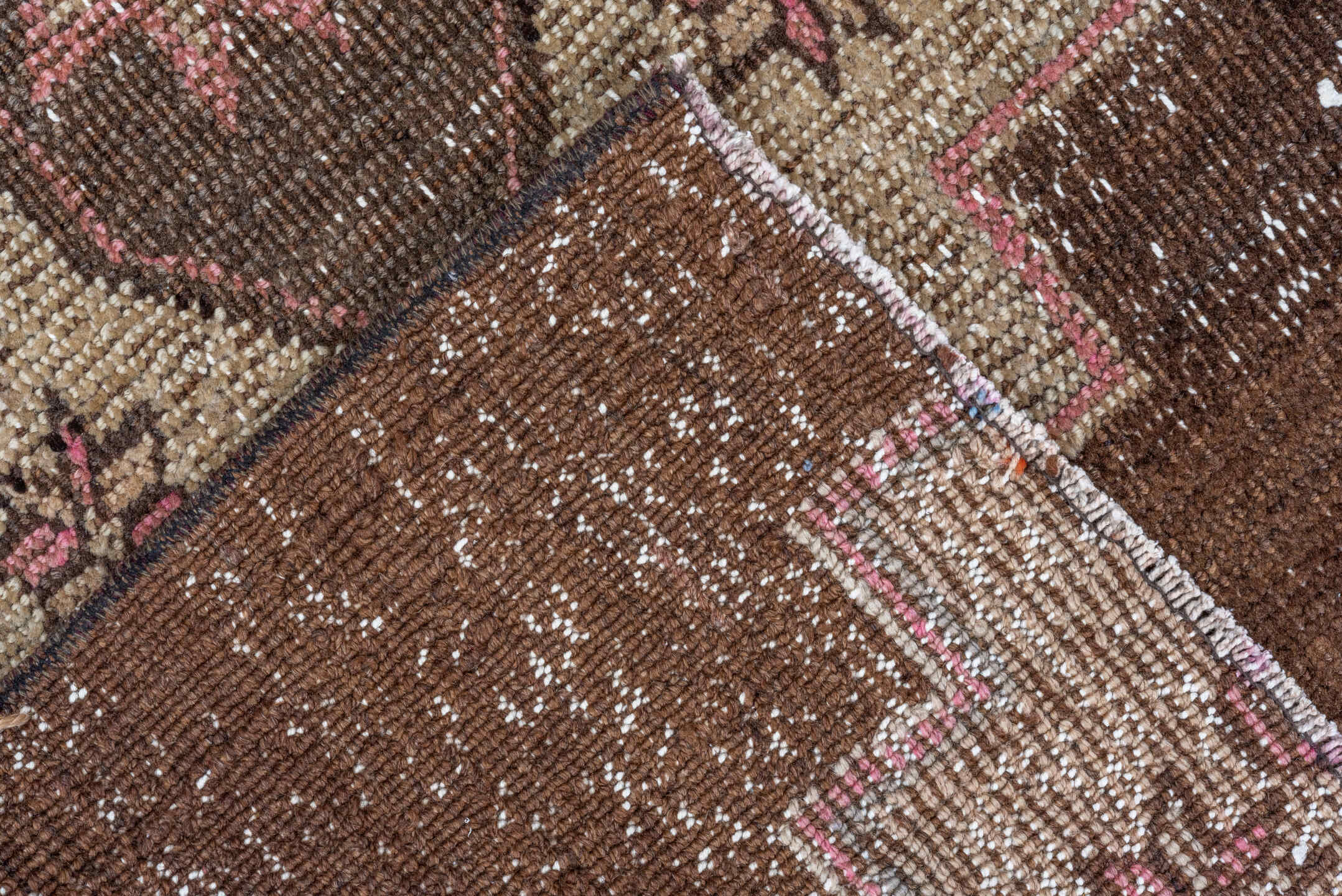2' x 7' one-of-a-kind handmade vintage Kars runner rug. Color palette: brown, ivory, rose, taupe, dusty pink, pink, red