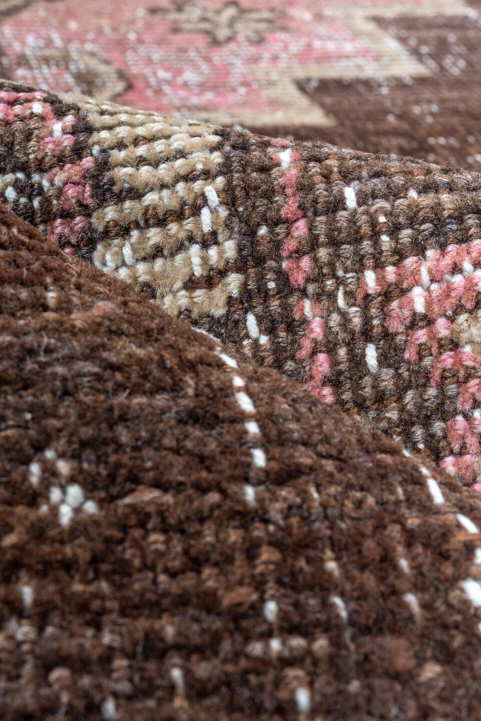 2' x 7' one-of-a-kind handmade vintage Kars runner rug. Color palette: brown, ivory, rose, taupe, dusty pink, pink, red
