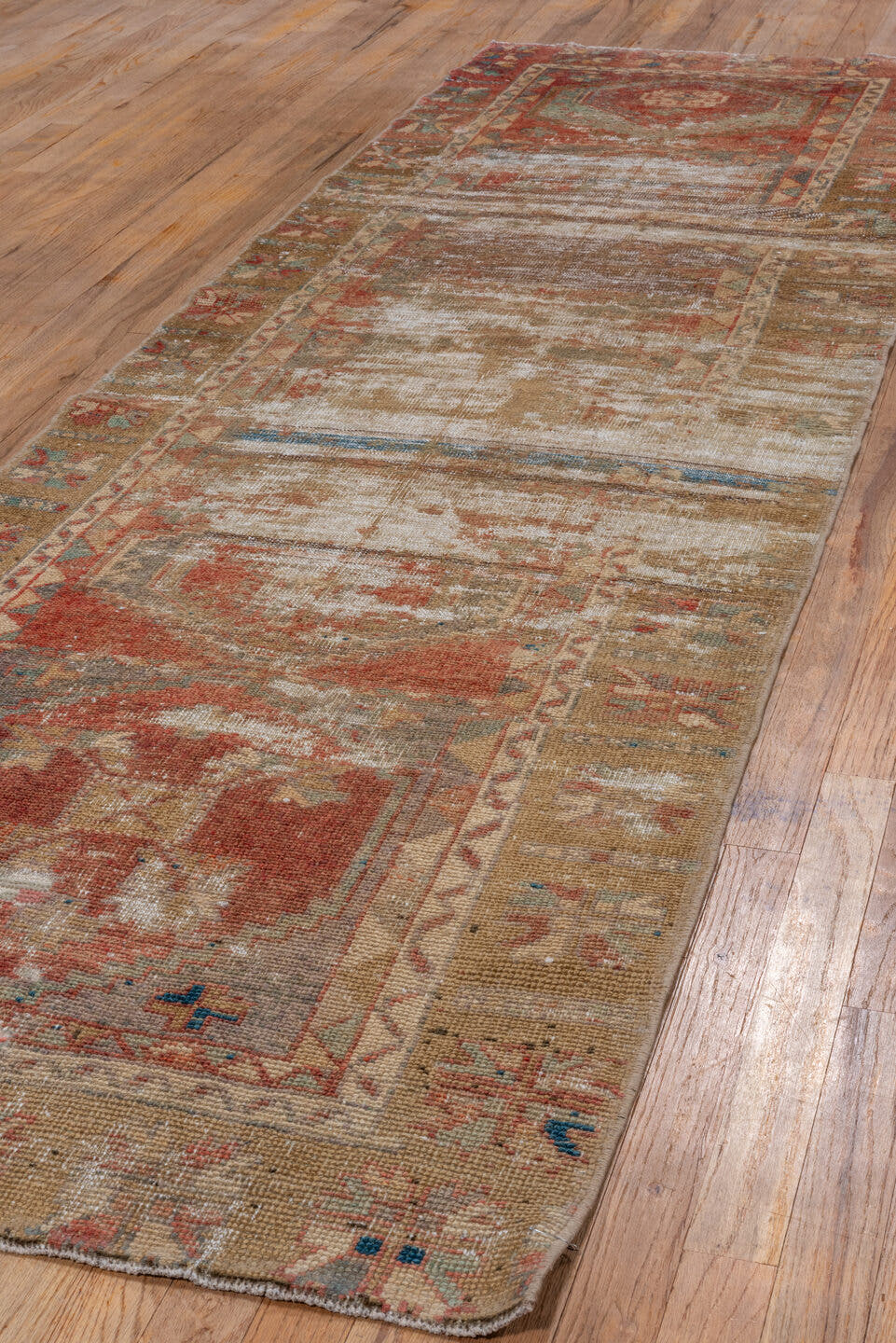 2' x 9' one-of-a-kind handmade vintage Oushak runner rug. Color palette: terra cotta, taupe, ivory, sage, rust, blue