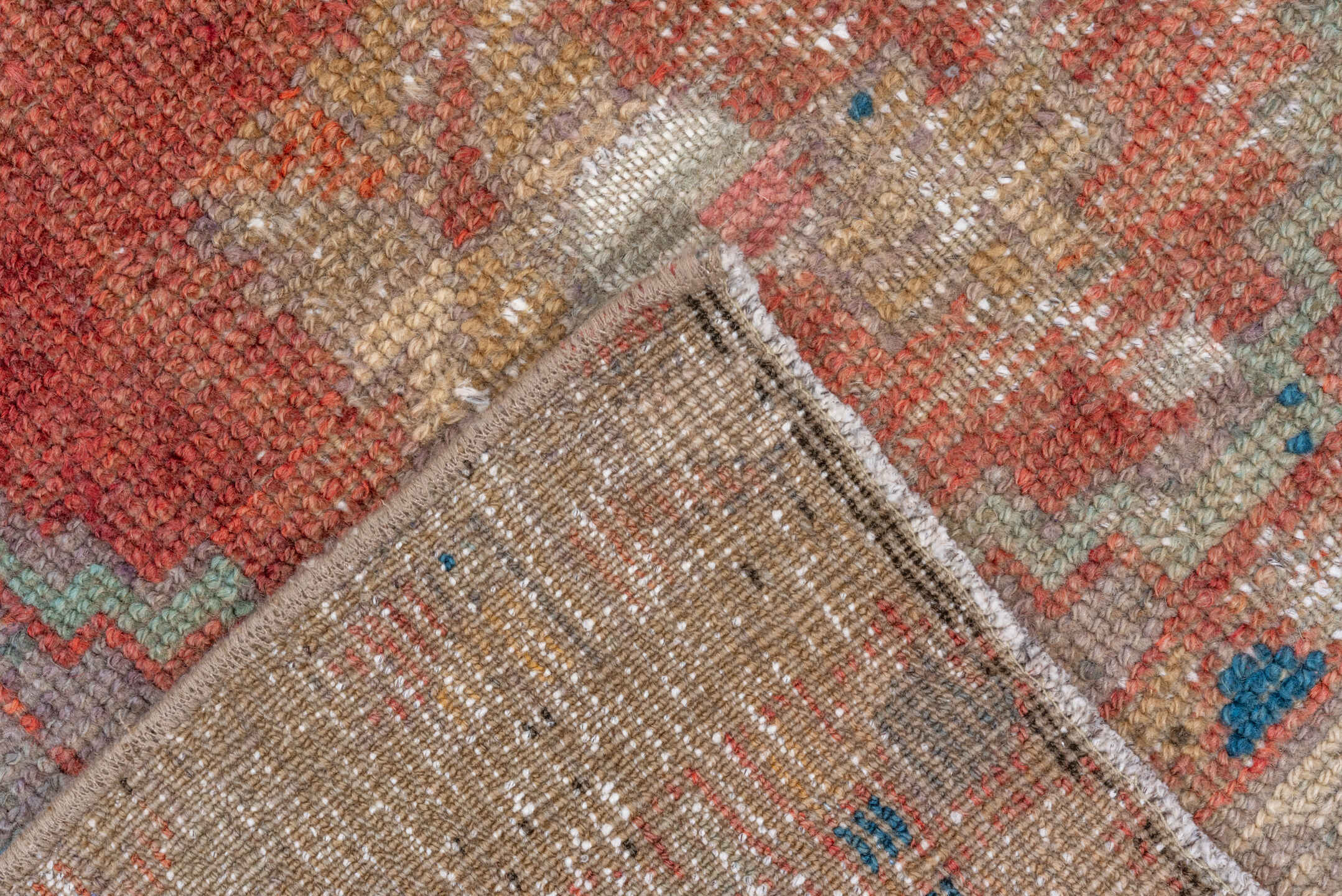 2' x 9' one-of-a-kind handmade vintage Oushak runner rug. Color palette: terra cotta, taupe, ivory, sage, rust, blue