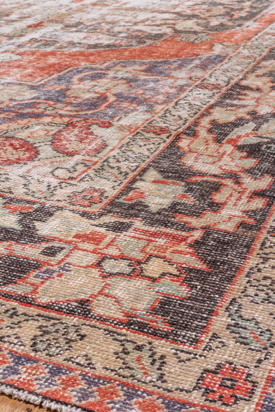 8' x 13' one-of-a-kind handmade vintage Oushak large size rug. Color palette: ivory, coral, charcoal, slate, taupe, rose