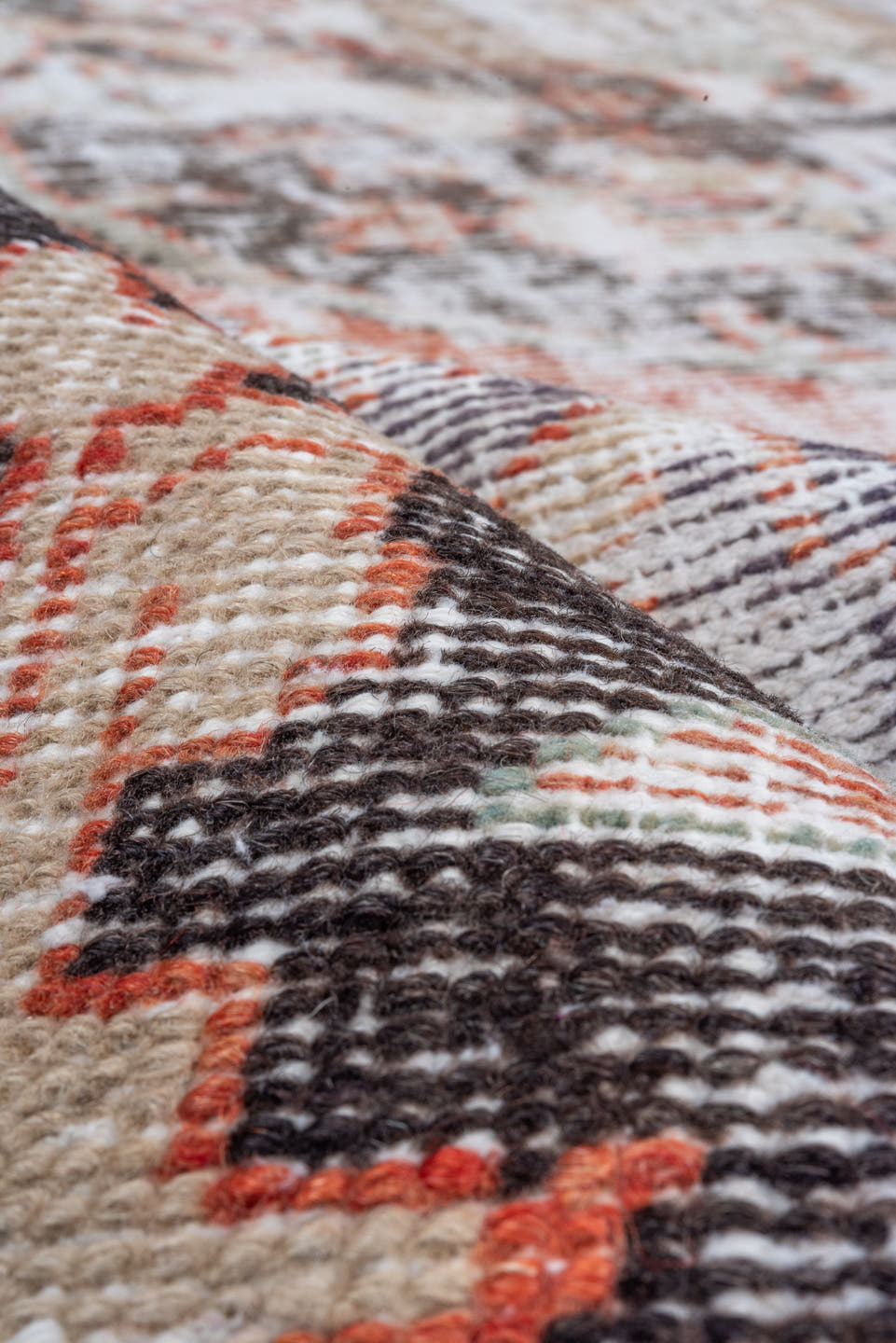8' x 13' one-of-a-kind handmade vintage Oushak large size rug. Color palette: ivory, coral, charcoal, slate, taupe, rose