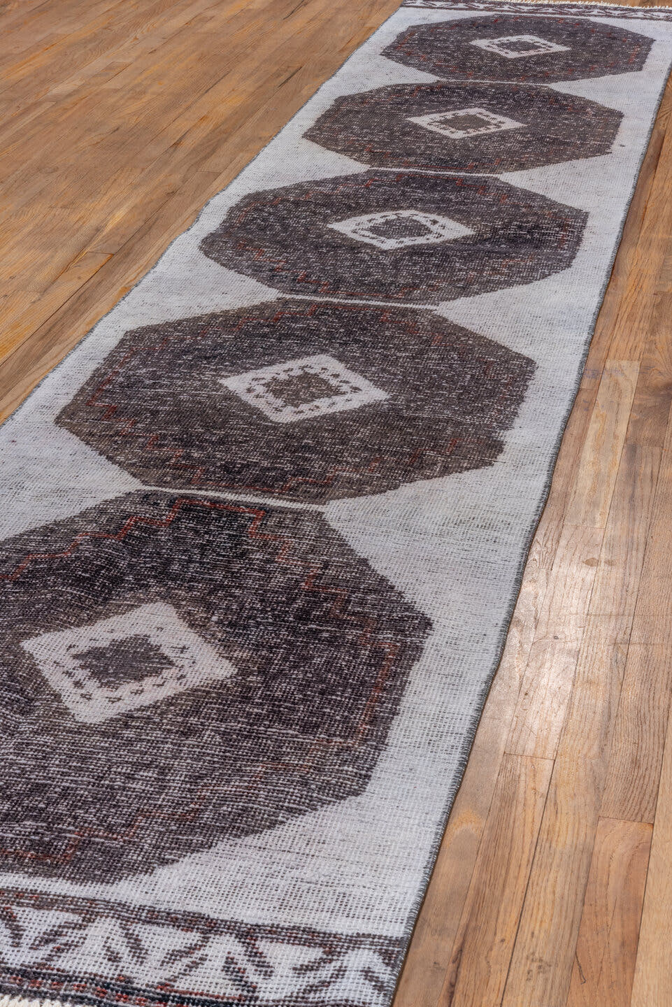 2' x 13' one-of-a-kind handmade vintage Oushak runner rug. Color palette: ivory, charcoal, taupe, brown, burgundy, gray