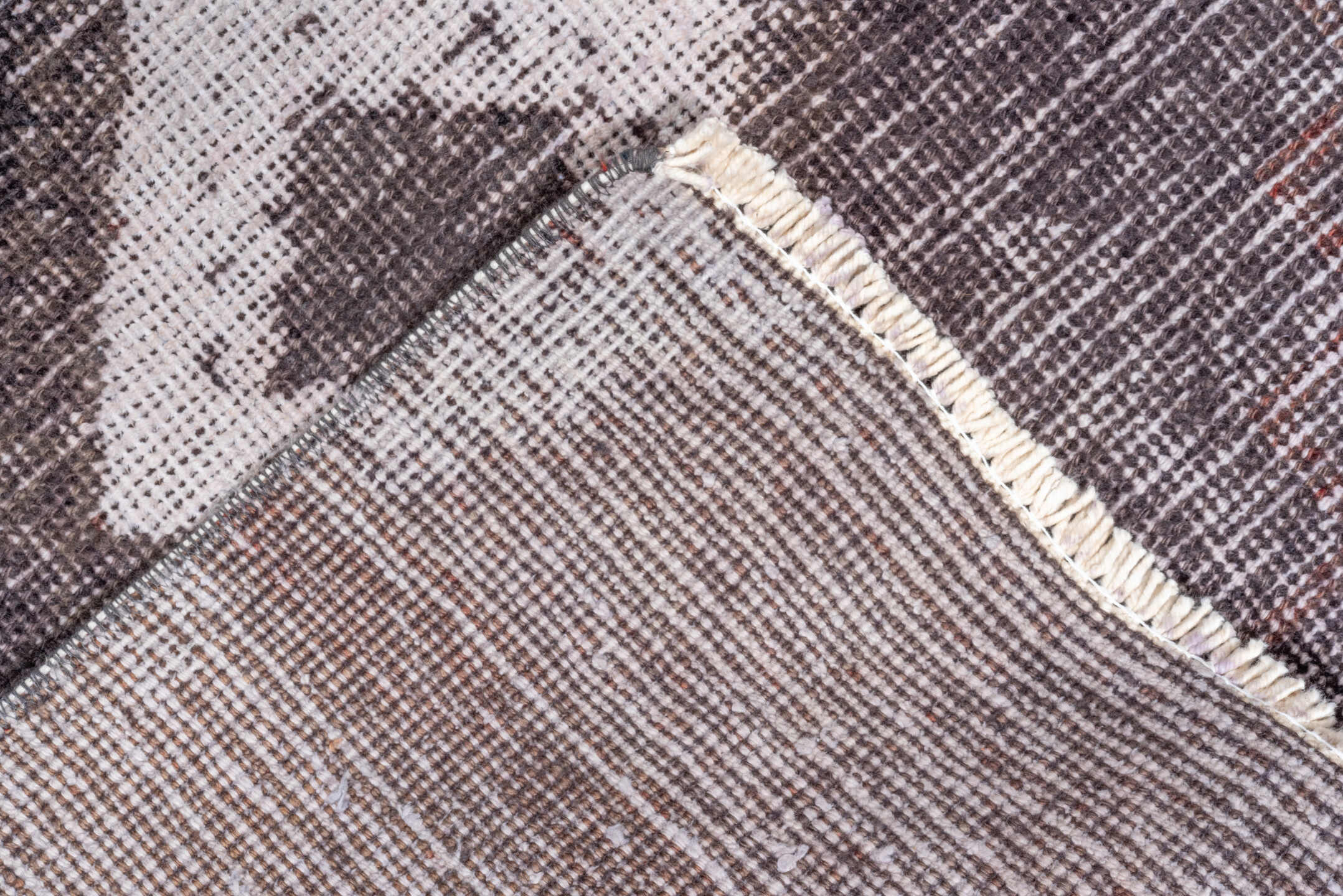 2' x 13' one-of-a-kind handmade vintage Oushak runner rug. Color palette: ivory, charcoal, taupe, brown, burgundy, gray