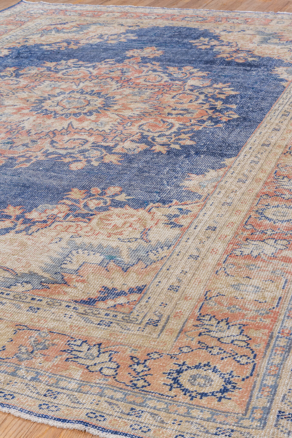 8' x 11' one-of-a-kind handmade vintage Oushak large size rug. Color palette: navy, ivory, peach, cream, faded blue, taupe