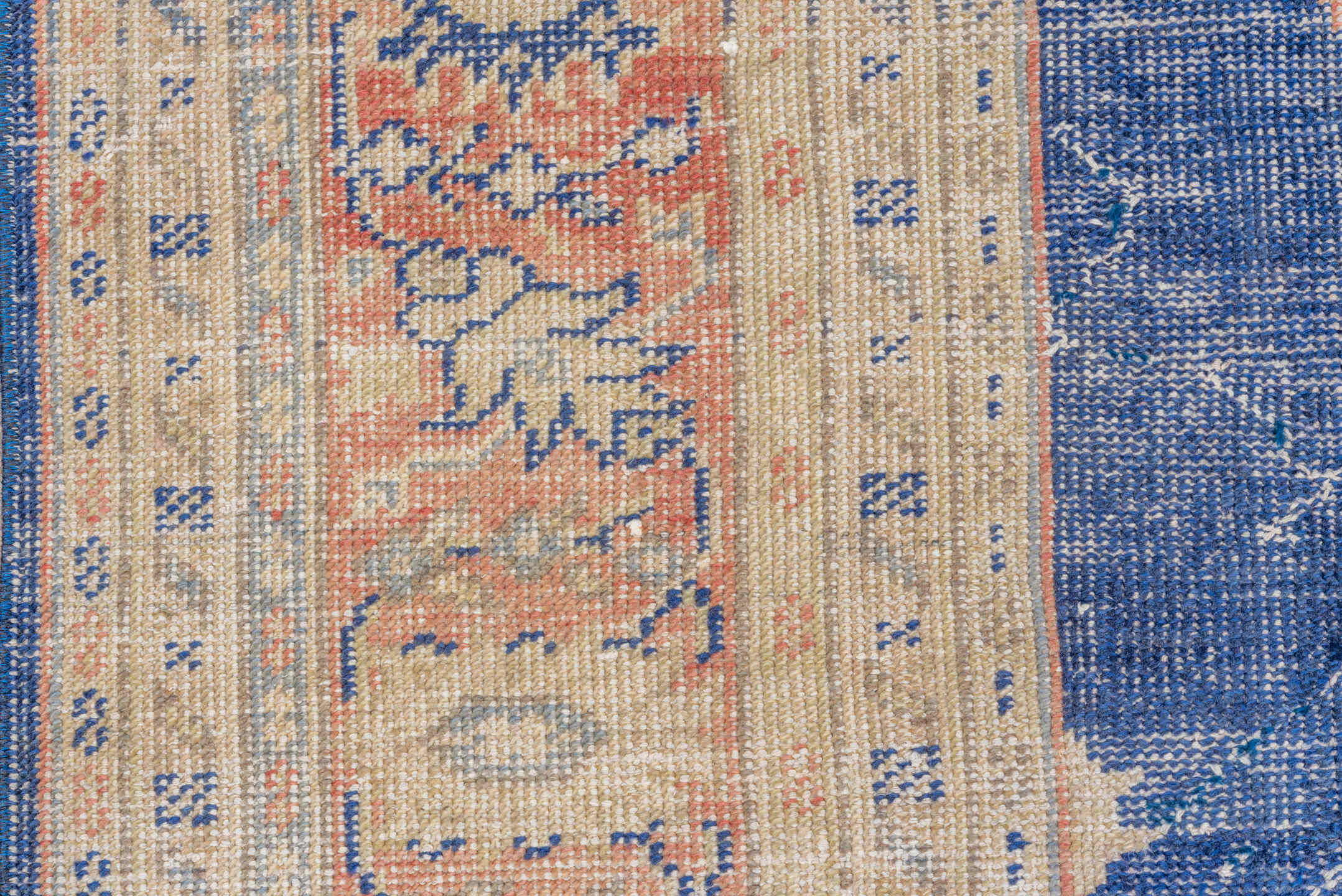 8' x 11' one-of-a-kind handmade vintage Oushak large size rug. Color palette: navy, ivory, peach, cream, faded blue, taupe