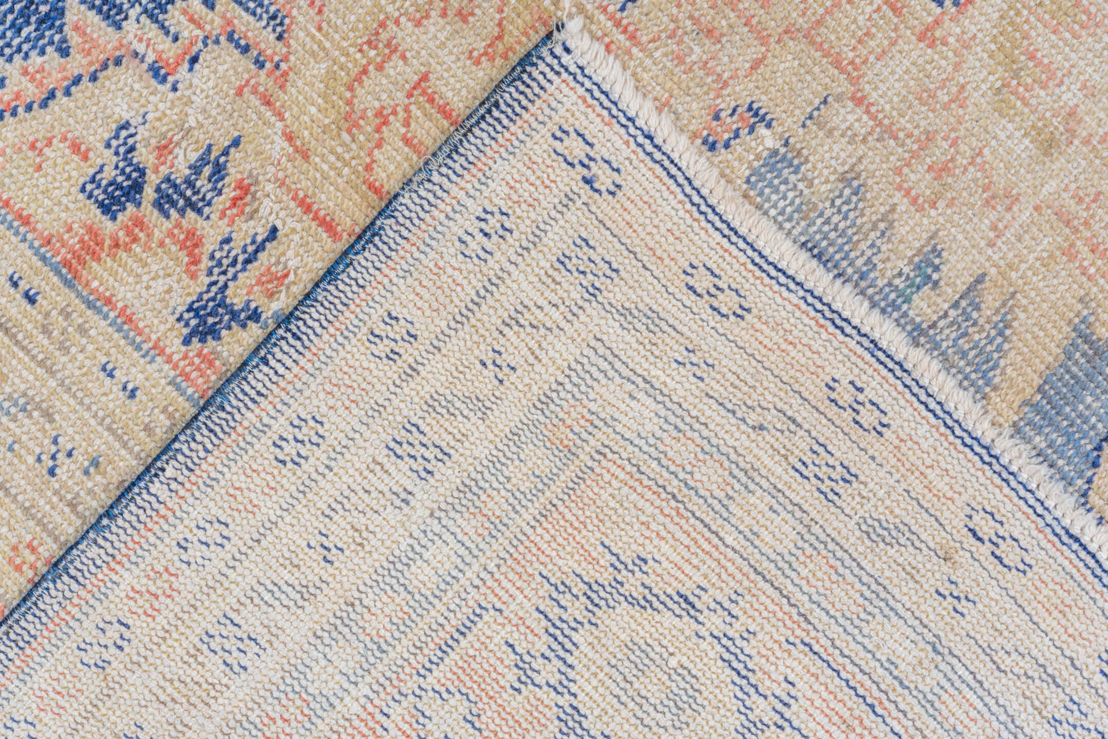 8' x 11' one-of-a-kind handmade vintage Oushak large size rug. Color palette: navy, ivory, peach, cream, faded blue, taupe