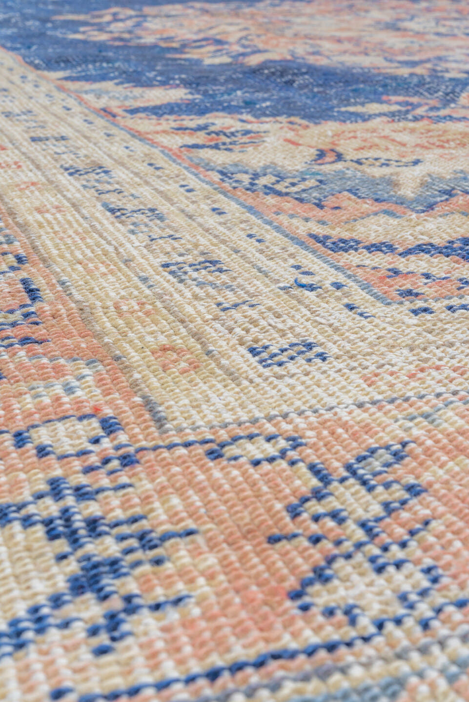 8' x 11' one-of-a-kind handmade vintage Oushak large size rug. Color palette: navy, ivory, peach, cream, faded blue, taupe