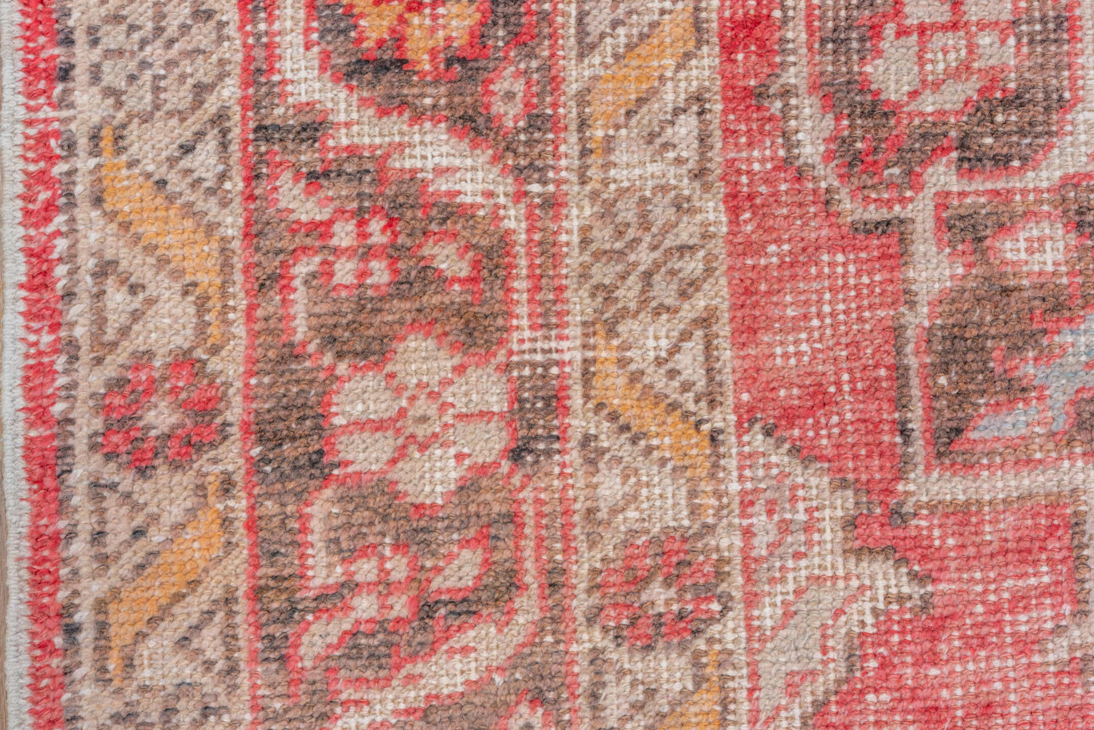 5' x 8' one-of-a-kind handmade vintage Oushak medium size rug. Color palette: brown, gray, light gray, off-white, pink, red