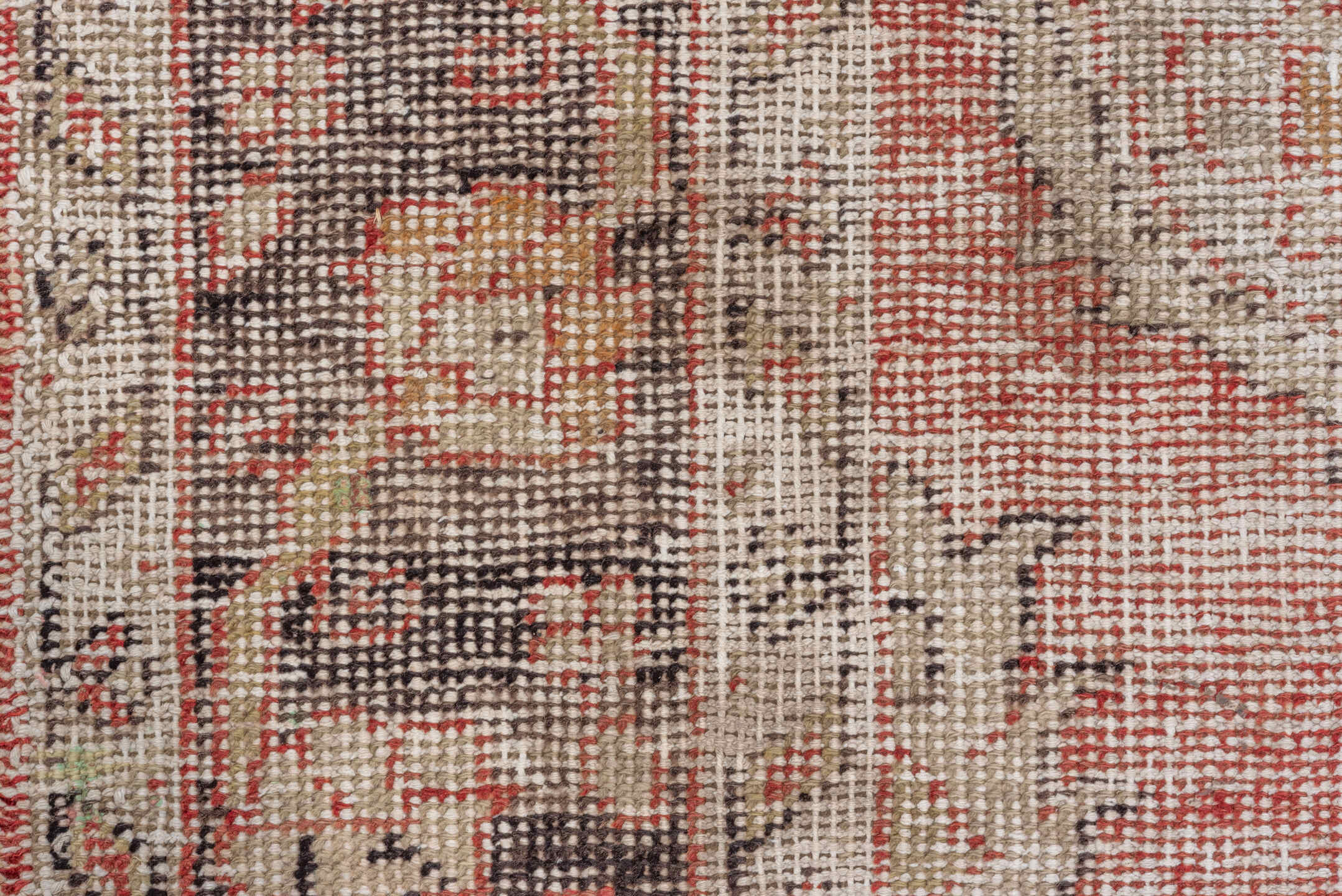 7' x 10' one-of-a-kind handmade vintage Oushak large size rug. Color palette: brown, gray, light gray, off-white, pink, red