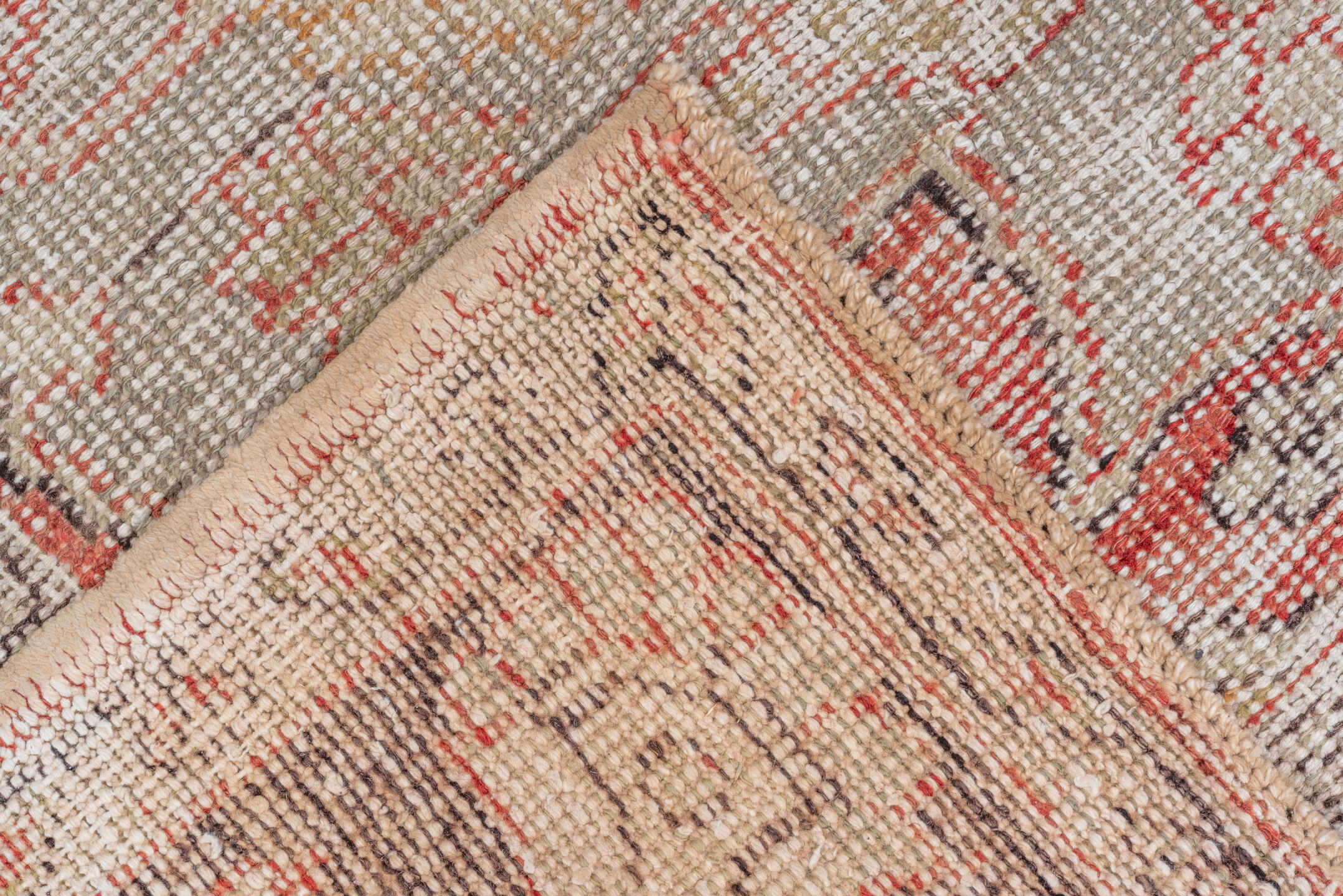 7' x 10' one-of-a-kind handmade vintage Oushak large size rug. Color palette: brown, gray, light gray, off-white, pink, red