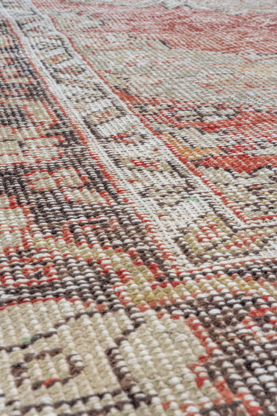 7' x 10' one-of-a-kind handmade vintage Oushak large size rug. Color palette: rose, ivory, charcoal, taupe, blush, camel
