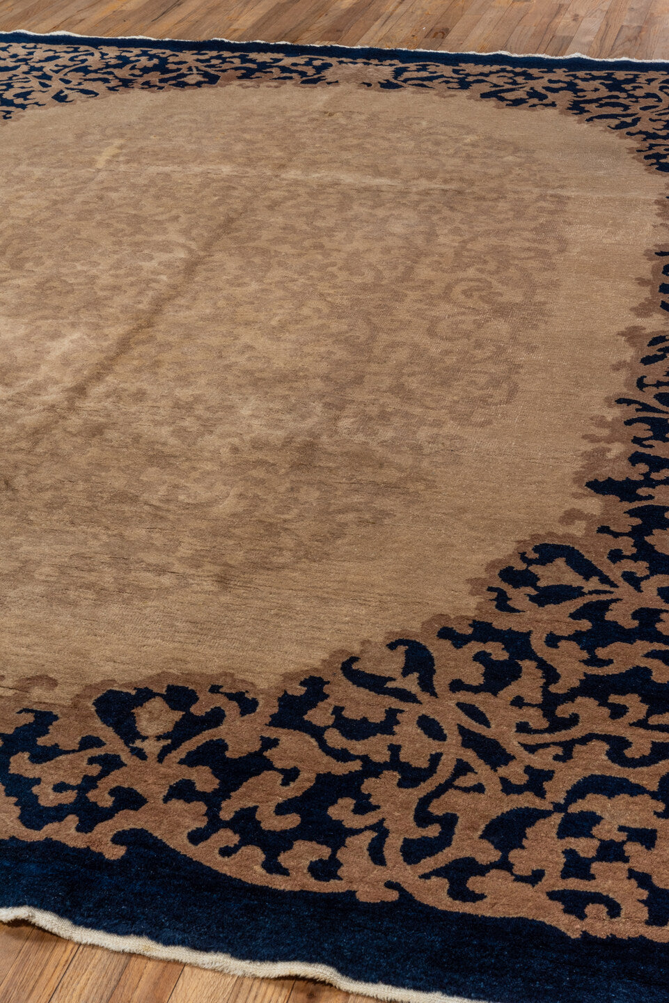 8' x 10' one-of-a-kind handmade vintage Chinese large size rug. Color palette: arapawa, black, blue, brown, gray, off-white