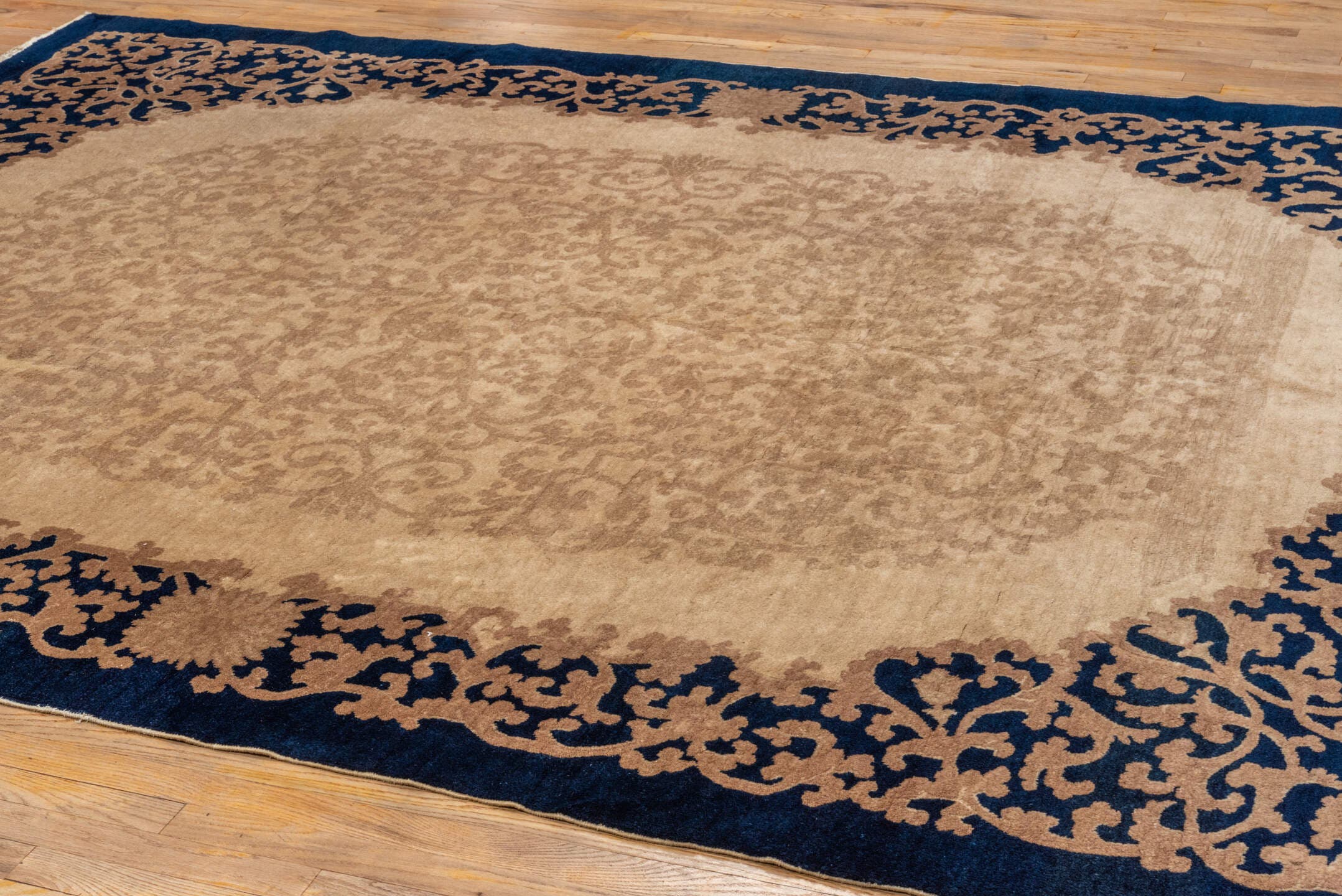 8' x 10' one-of-a-kind handmade vintage Chinese large size rug. Color palette: ivory, navy, taupe, beige, blue, gray