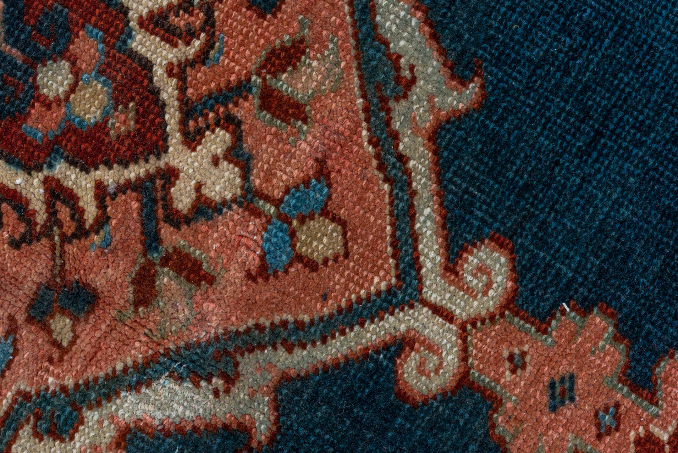 8' x 12' one-of-a-kind handmade vintage Heriz large size rug. Color palette: navy, ivory, terra cotta, rust, sky blue