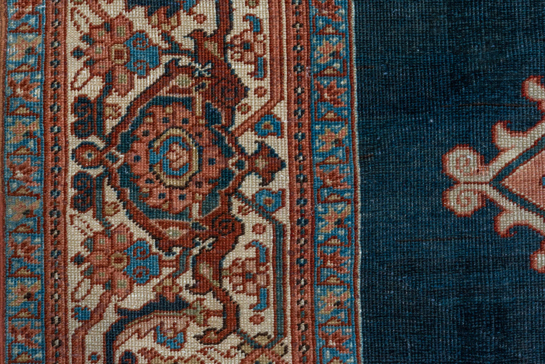 8' x 12' one-of-a-kind handmade vintage Heriz large size rug. Color palette: navy, ivory, terra cotta, rust, sky blue