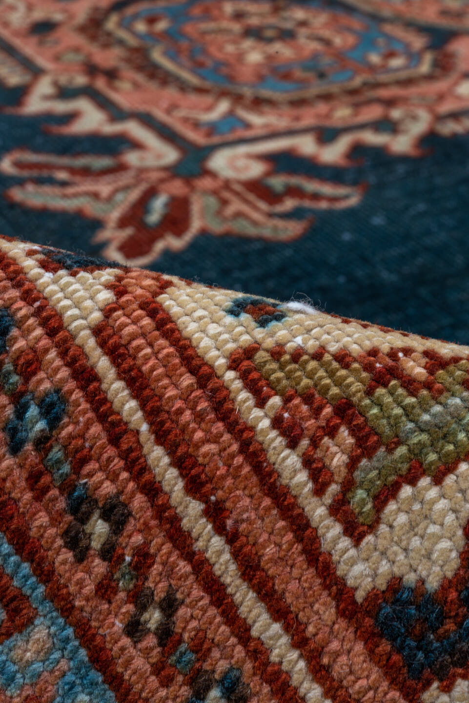 8' x 12' one-of-a-kind handmade vintage Heriz large size rug. Color palette: navy, ivory, terra cotta, rust, sky blue
