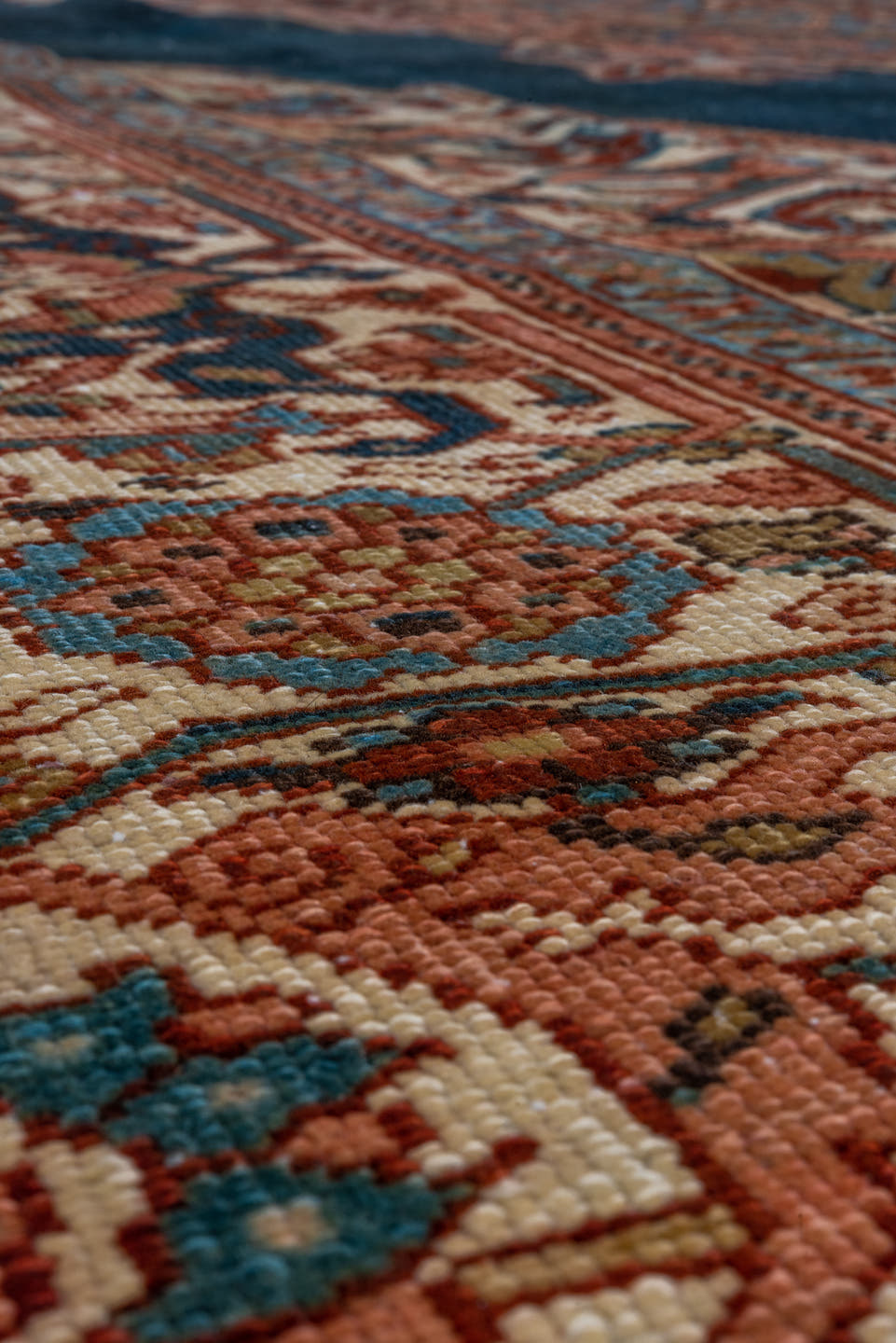 8' x 12' one-of-a-kind handmade vintage Heriz large size rug. Color palette: navy, ivory, terra cotta, rust, sky blue