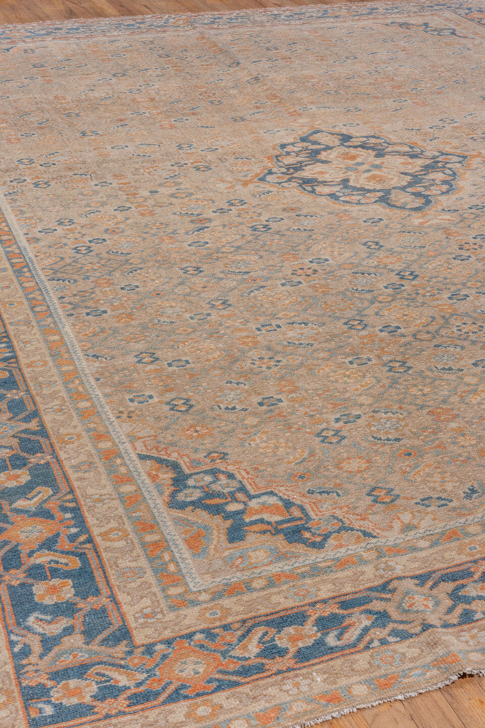 9' x 12' one-of-a-kind handmade vintage Malayer large size rug. Color palette: ivory, blue, peach, gold, beige, camel