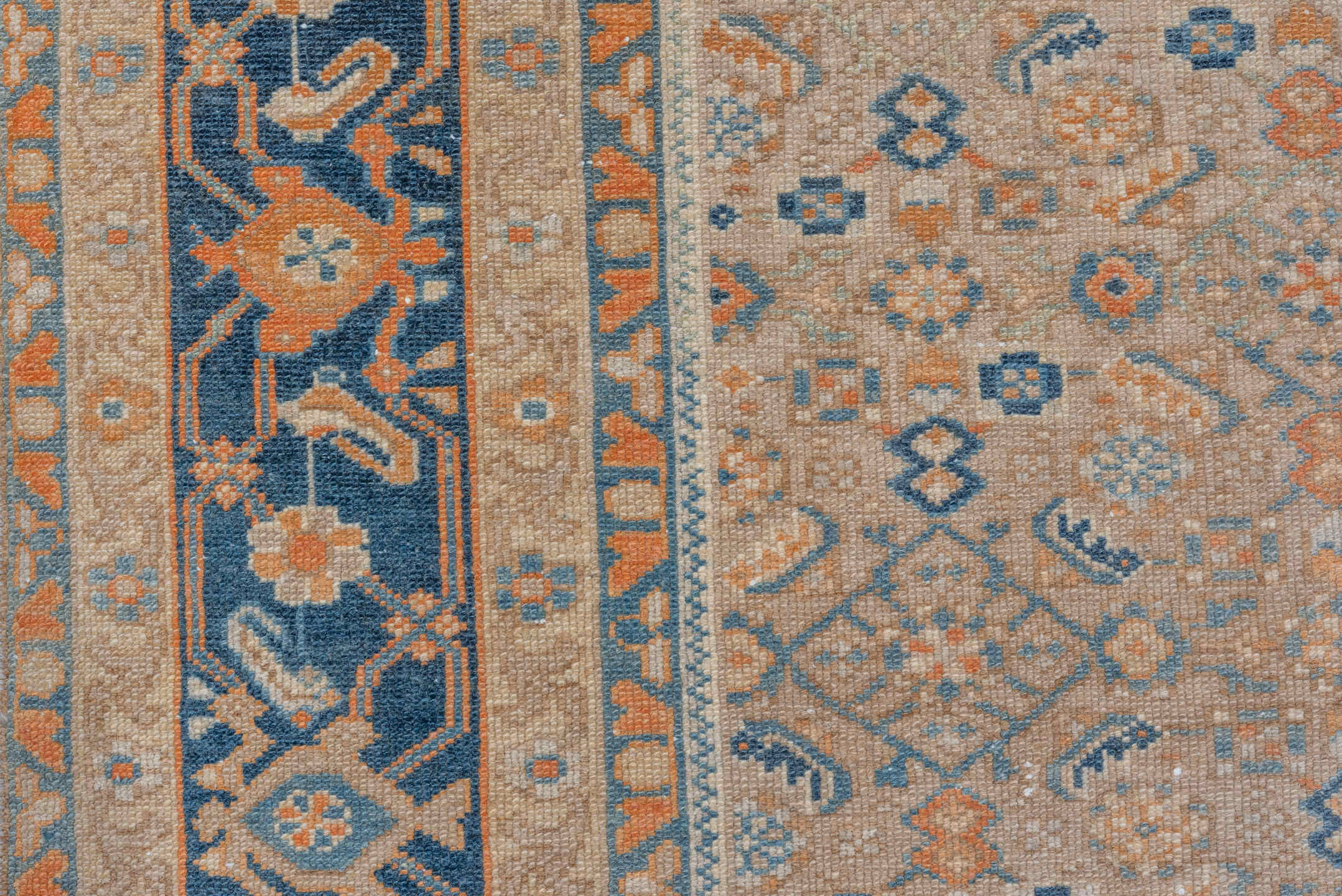 9' x 12' one-of-a-kind handmade vintage Malayer large size rug. Color palette: ivory, blue, peach, gold, beige, camel