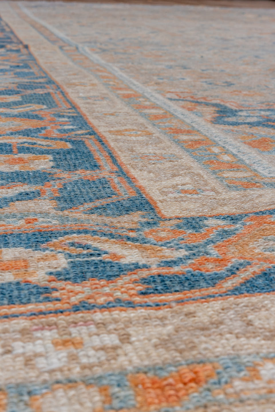 9' x 12' one-of-a-kind handmade vintage Malayer large size rug. Color palette: ivory, blue, peach, gold, beige, camel