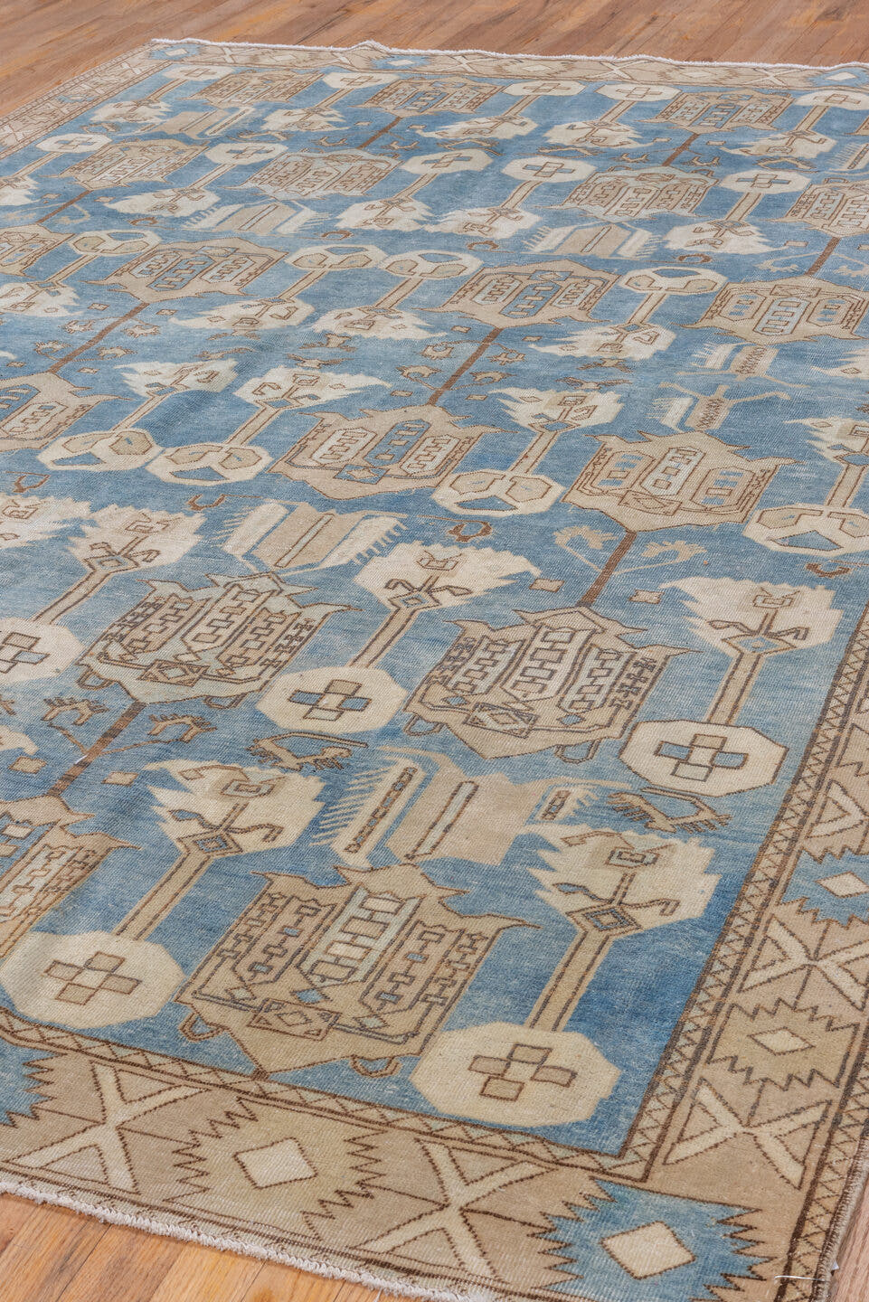 6' x 10' one-of-a-kind handmade antique Oushak large size rug. Color palette: sky blue, ivory, taupe, beige, camel, brown
