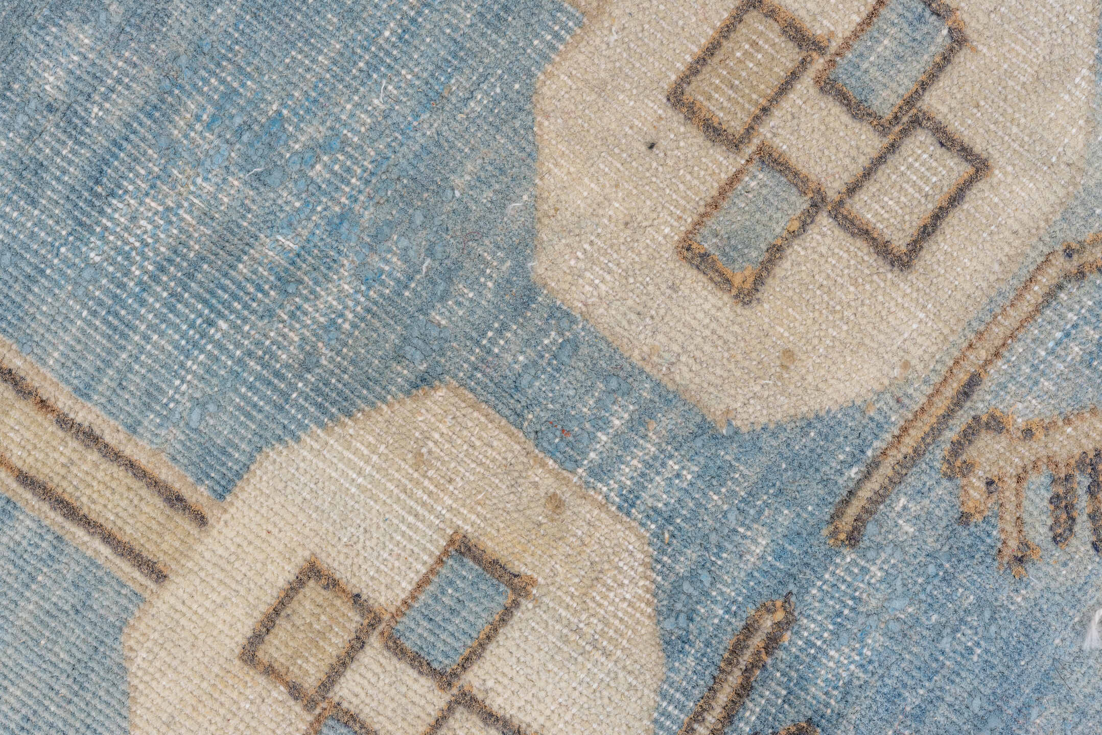 6' x 10' one-of-a-kind handmade antique Oushak large size rug. Color palette: sky blue, ivory, taupe, beige, camel, brown