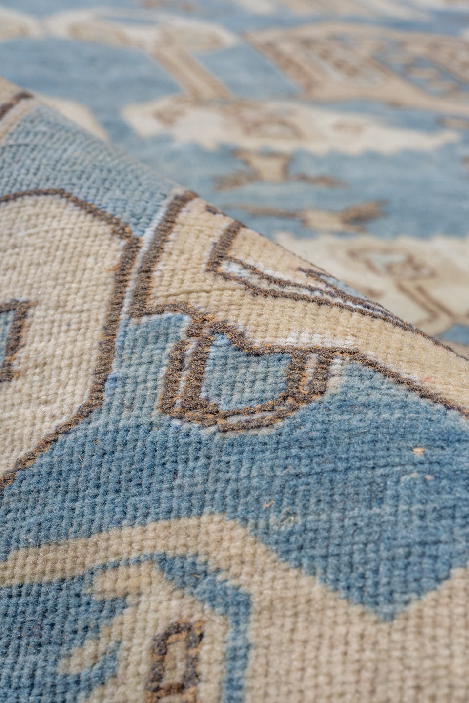 6' x 10' one-of-a-kind handmade antique Oushak large size rug. Color palette: sky blue, ivory, taupe, beige, camel, brown