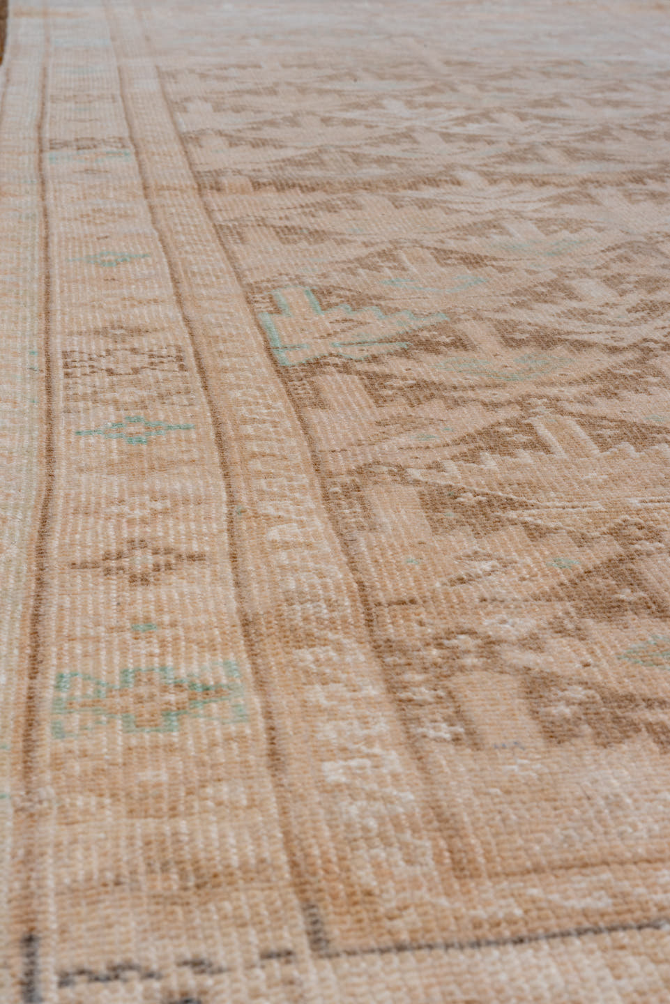 2' x 12' one-of-a-kind handmade vintage Oushak runner rug. Color palette: beige, taupe, camel, ivory, pale aqua, sand